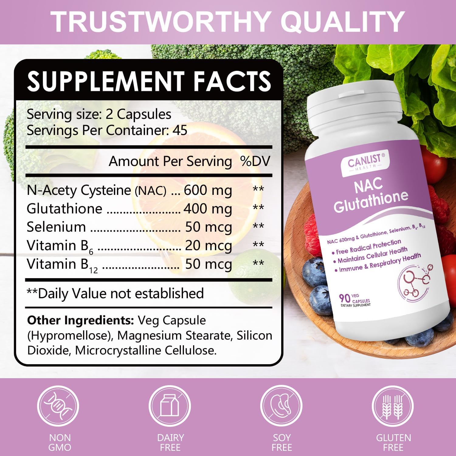 CANLIST NAC Supplement (N-Acetyl Cysteine) 600mg with Glutathione 400mg, Enhanced Absorption for Liver Health, Antioxidant Support & Detox, Non-GMO, Gluten Free, 90 Veggie Capsules