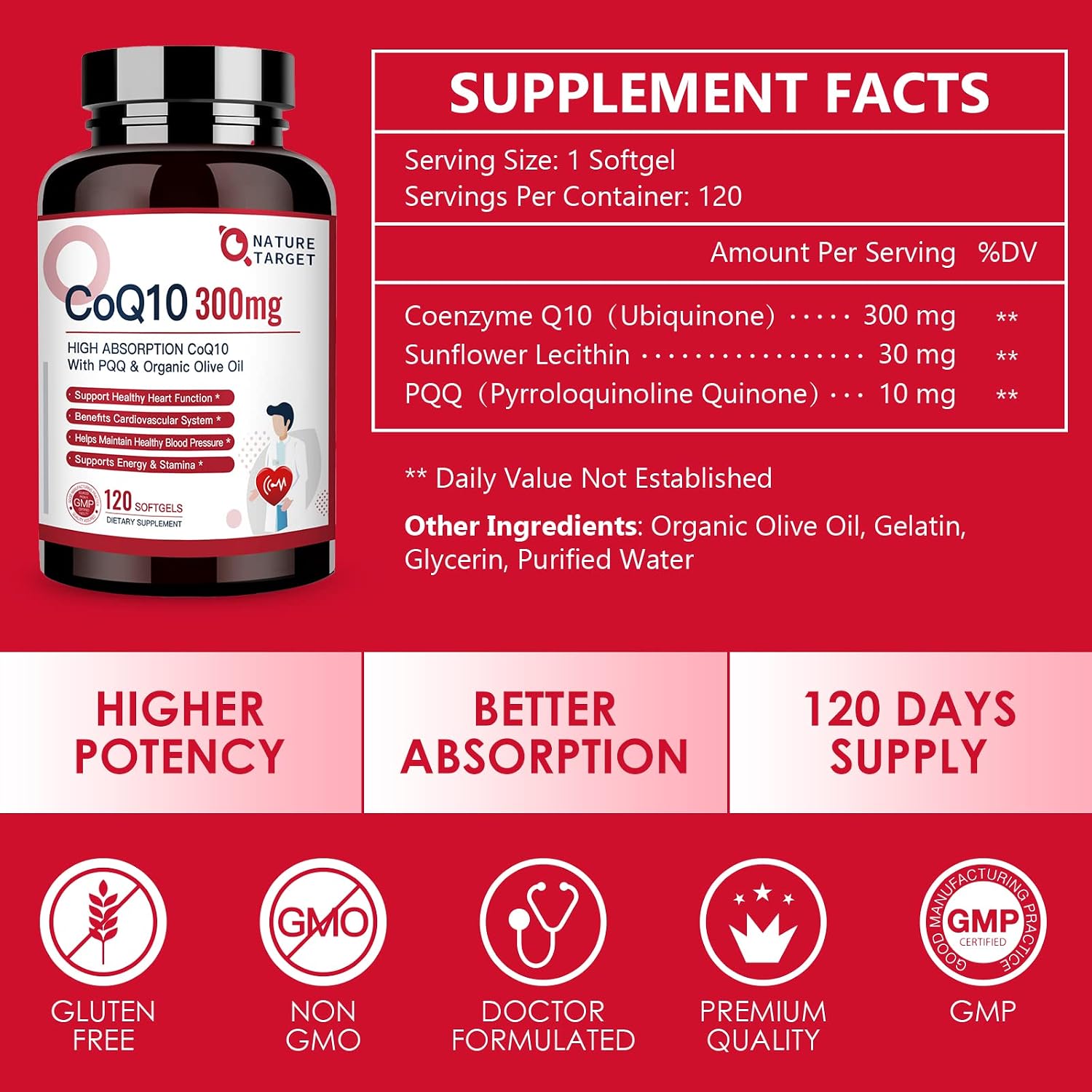 NATURE TARGET CoQ10-300mg-Softgels + PQQ with Organic-Olive-Oil - High Absorption-Coenzyme-Q10 - Antioxidant-for-Heart-Health and Immune Support, Energy Production, 120 Servings | High Absorption Coenzyme Q10 with BioPerine, Antioxidant for Heart, Brain,