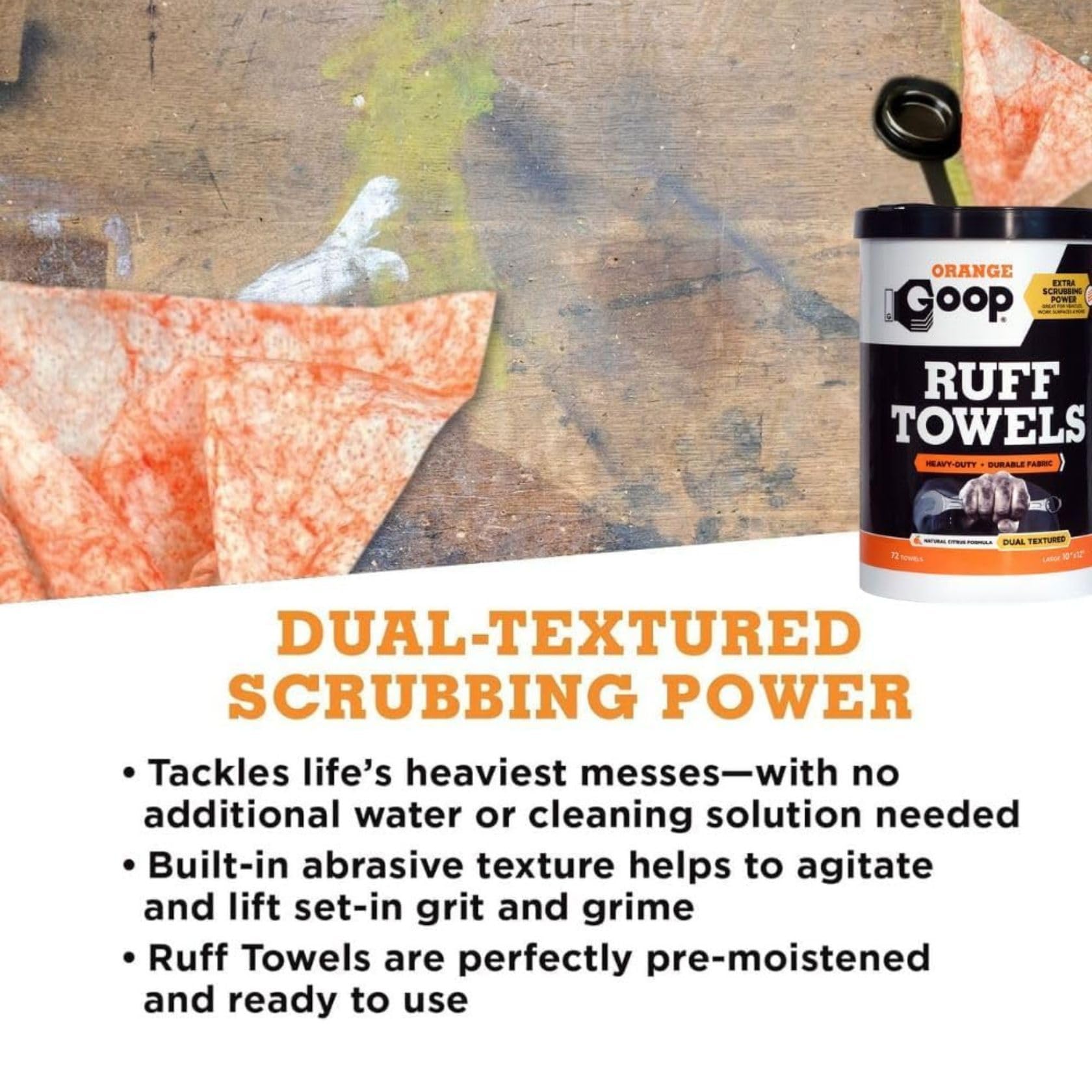 GOOP Orange Heavy Duty Ruff Towels with Scrubbing Power, 10” x 12” Dual Textured Multi-Purpose Cleaning Wipes, Removes Dirt, Grease, Oil, 72 Count