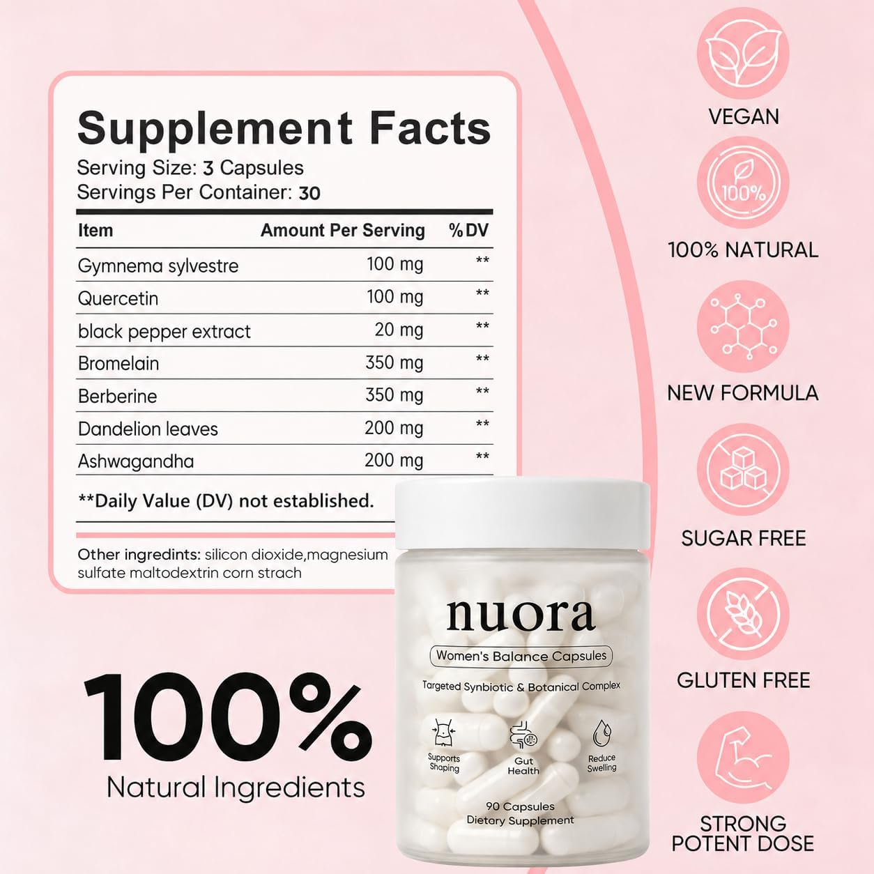 Nuora Gut Health Capsules with Berberine, Gut Biofilm Probiotic Ritual, Promotes Metabolism & Gut Health, Vegan, Non-GMO, for Women, 90 Capsule