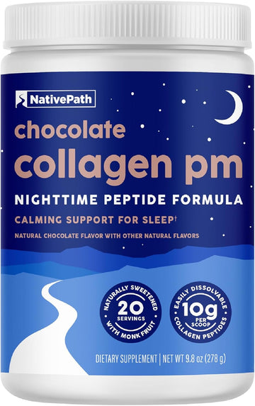 NativePath Collagen PM Chocolate with Melatonin, 20 Servings | Grass-Fed Peptides, Magnesium, GABA & L-Theanine, Supports Restful Sleep, Skin & Hair, No Added Sugar