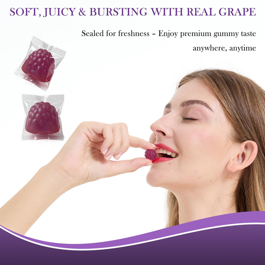 Package of sugar-free magnesium complex gummies with grape flavor on a white background