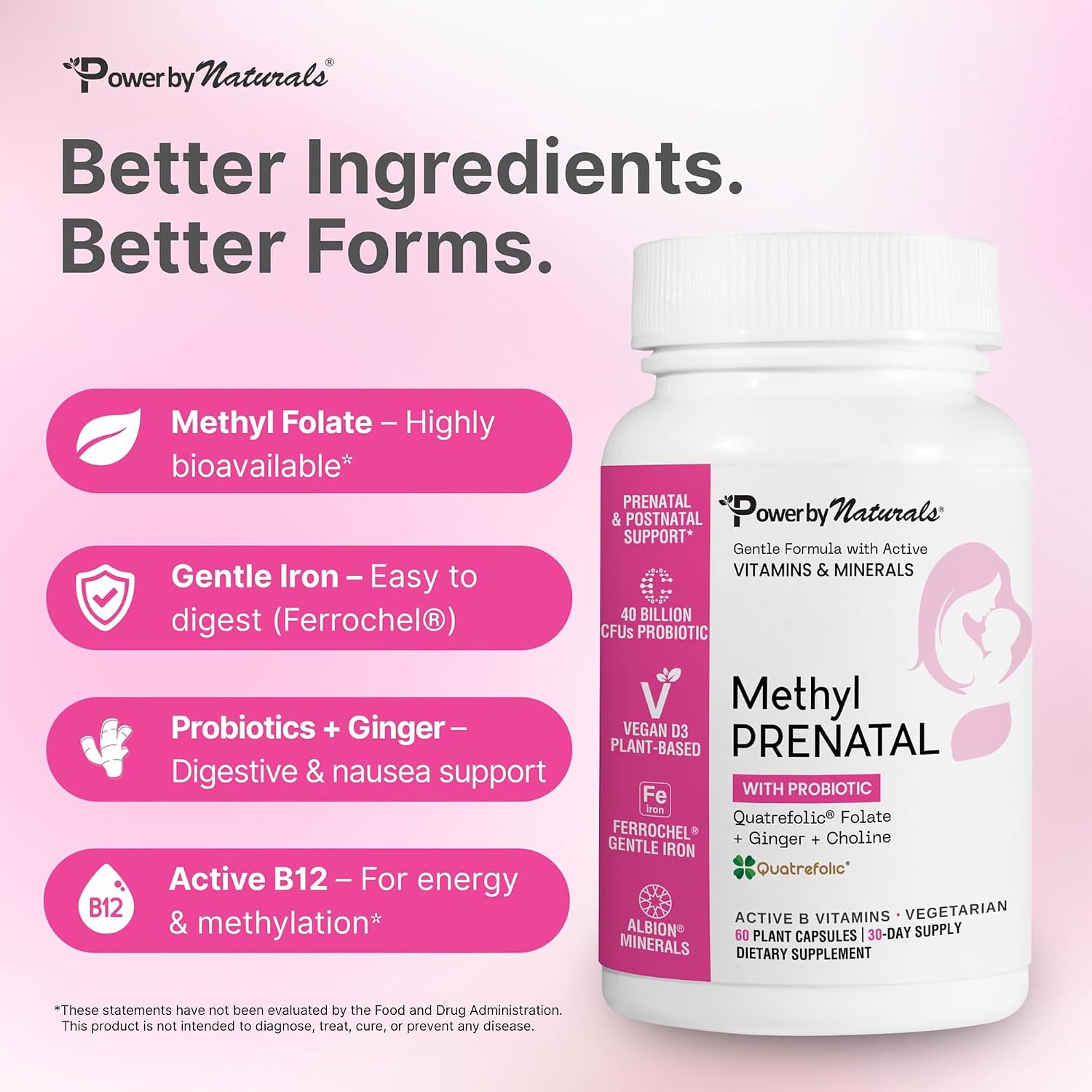 Power By Naturals Methyl Prenatal with Probiotics – Prenatal Vitamins for Women with Iron, Methyl Folate, B12 & 28 Nutrients & Botanicals – Vegan, Non-GMO, Gluten-Free – 60 Capsules (1-Month Supply)