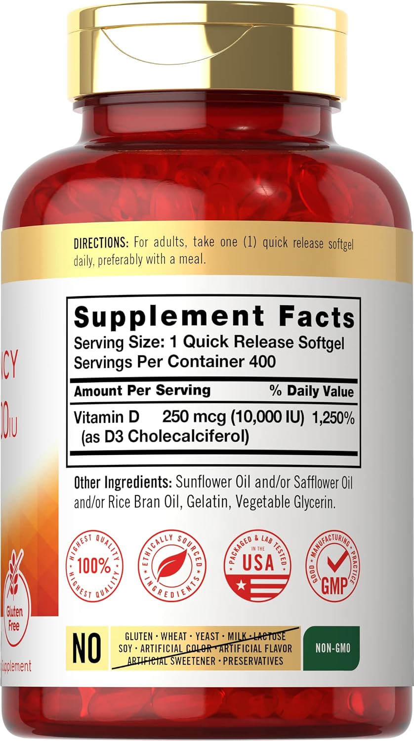 Carlyle Vitamin D3 10000 IU (250 mcg) | 400 Softgels | Value Size | Max Potency | Non-GMO, Gluten Free Supplement