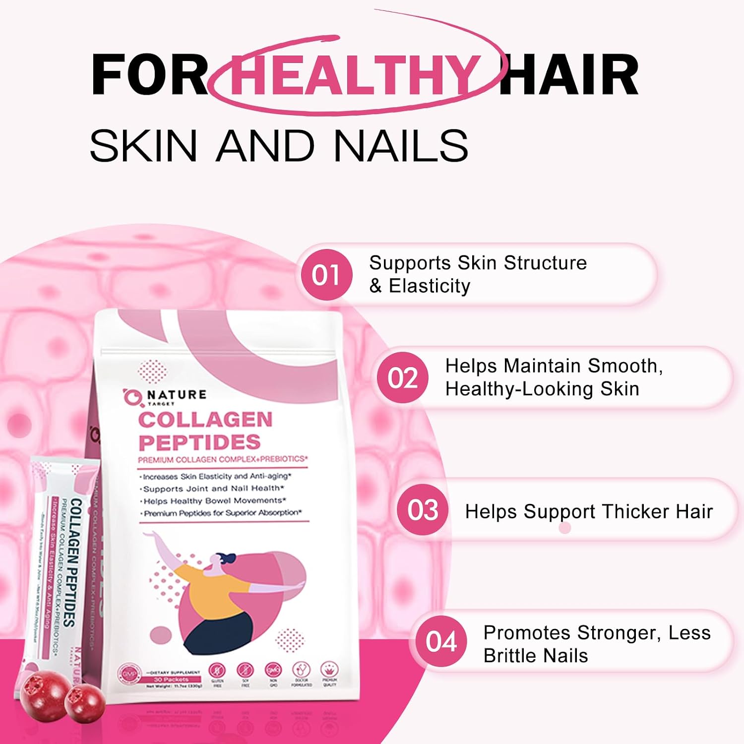NATURE TARGET Multi Collagen Peptides Powder, 30 Stick Packs | Type I, II, III, V, X, Enhanced Absorption Hydrolyzed, With Prebiotics, Sugar-Free, Skin Hair Nail & Joint Support, Non-GMO