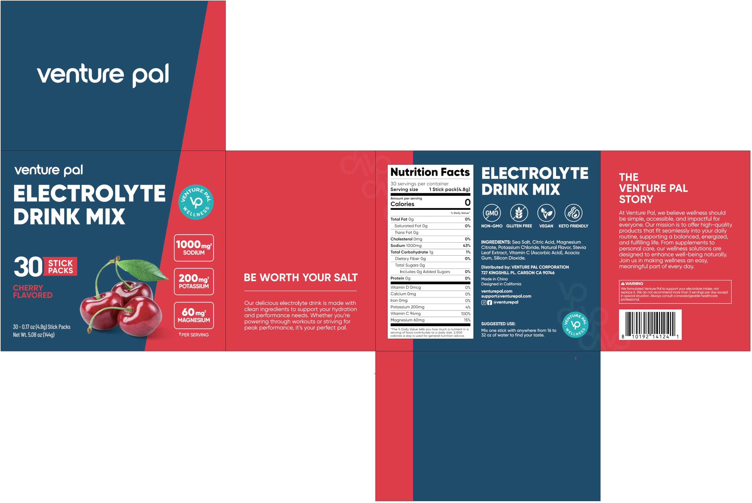 Venture Pal High Sodium Sugar Free Electrolytes Powder Packets, 16 Count | Hydration Packets with Sodium, Magnesium & Potassium, Vitamins, Zero Calories, Vegan, Keto & Paleo Friendly