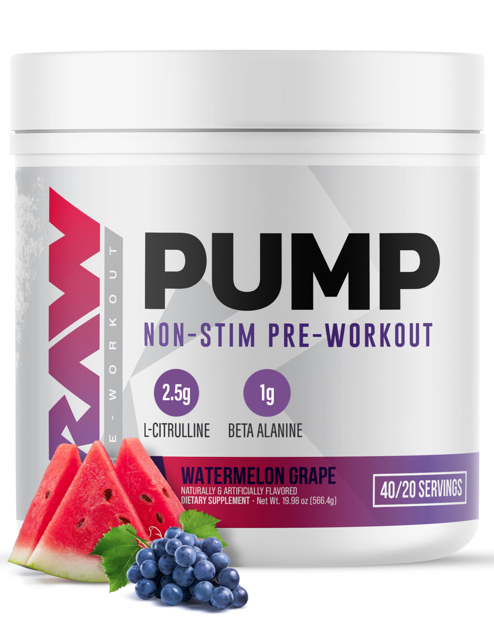 RAW Pump Stim Free Pre Workout (Watermelon) - Non-Stimulant Pre Workout Supplement Powder Nitric Oxide Booster - Pre Workout Supplements Drink for During Workout - 40 Servings