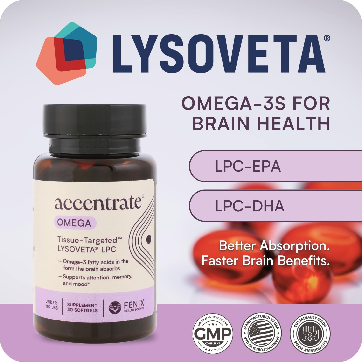 Omega Max w/LYSOVETA | High Potency LPC & Lyso-DHA Omega-3 Supplement | Brain Health, Focus & Mood | 6X Higher Absorption | Fish oil in the form the brain actually takes up, not just what the bloodstream carries. Supports focus and memory.