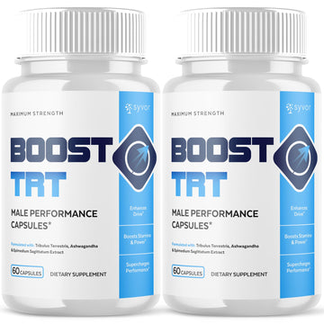 Two bottles of Boost TRT male performance capsules on a white background