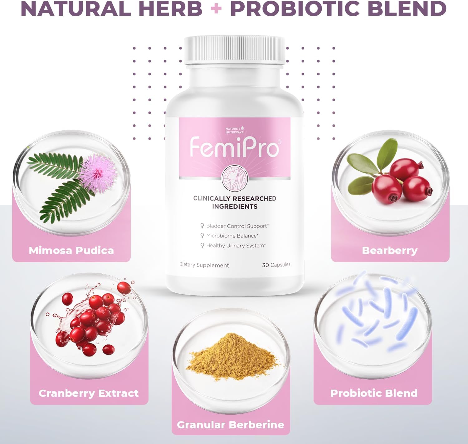 FemiPro – Herb & Probiotic Blend, USA Made – 30 Ct, 1 Month Supply | Herbal & probiotic capsule blend | Non-GMO, Made in USA | Easy-to-swallow daily capsule