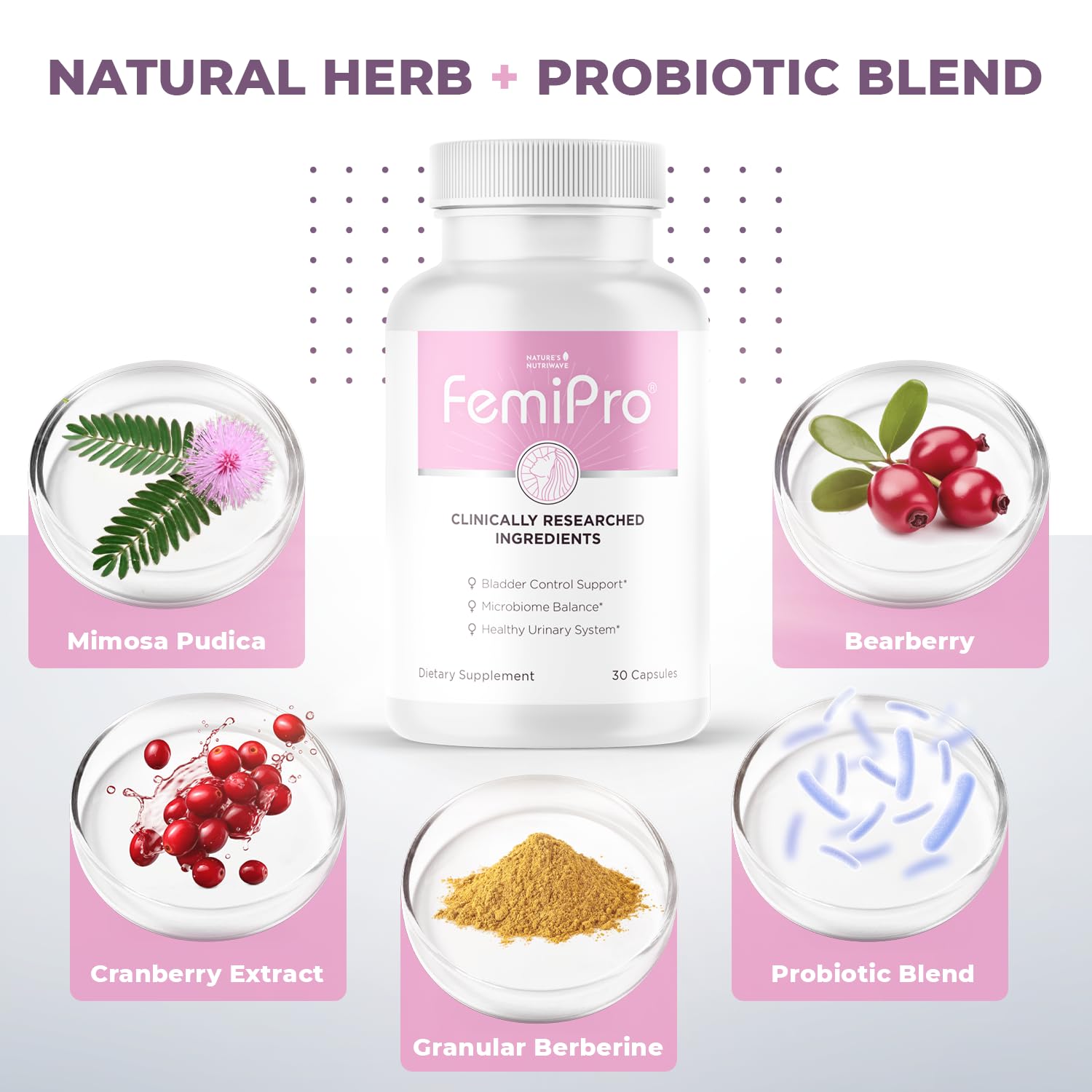 FemiPro – Herb & Probiotic Blend, USA Made – 30 Ct, 1 Month Supply | Herbal & probiotic capsule blend | Non-GMO, Made in USA | Easy-to-swallow daily capsule