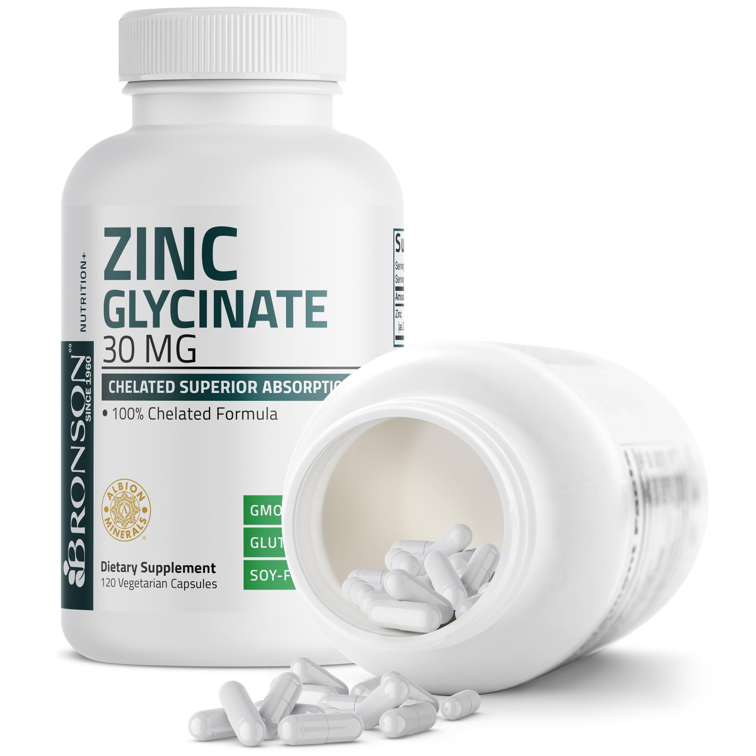 Bronson Zinc Glycinate 30mg Chelated Superior Absorption 100% Chelated Formula Non-GMO, 120 Vegetarian Capsules