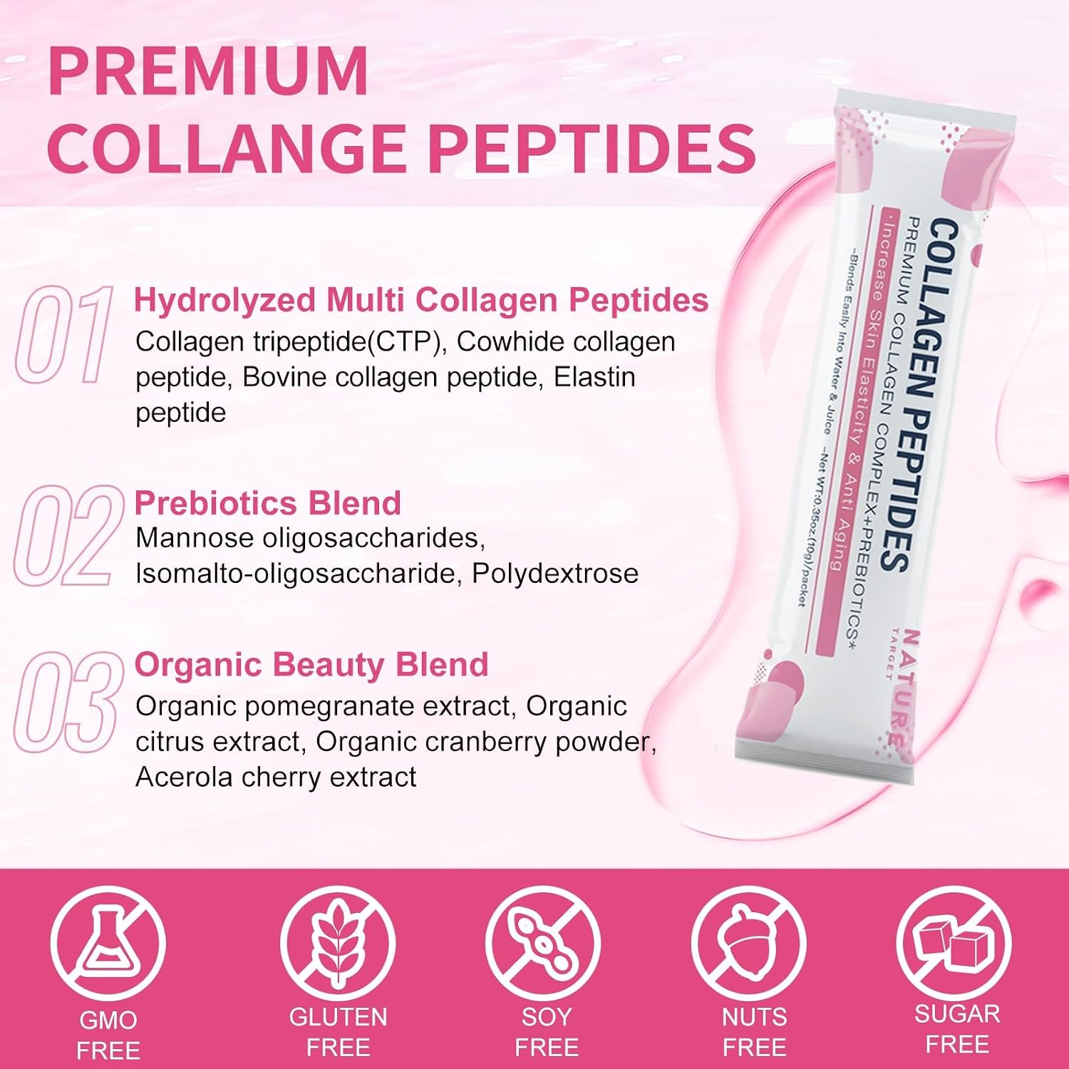 NATURE TARGET Multi Collagen Peptides Powder, 30 Stick Packs | Type I, II, III, V, X, Enhanced Absorption Hydrolyzed, With Prebiotics, Sugar-Free, Skin Hair Nail & Joint Support, Non-GMO