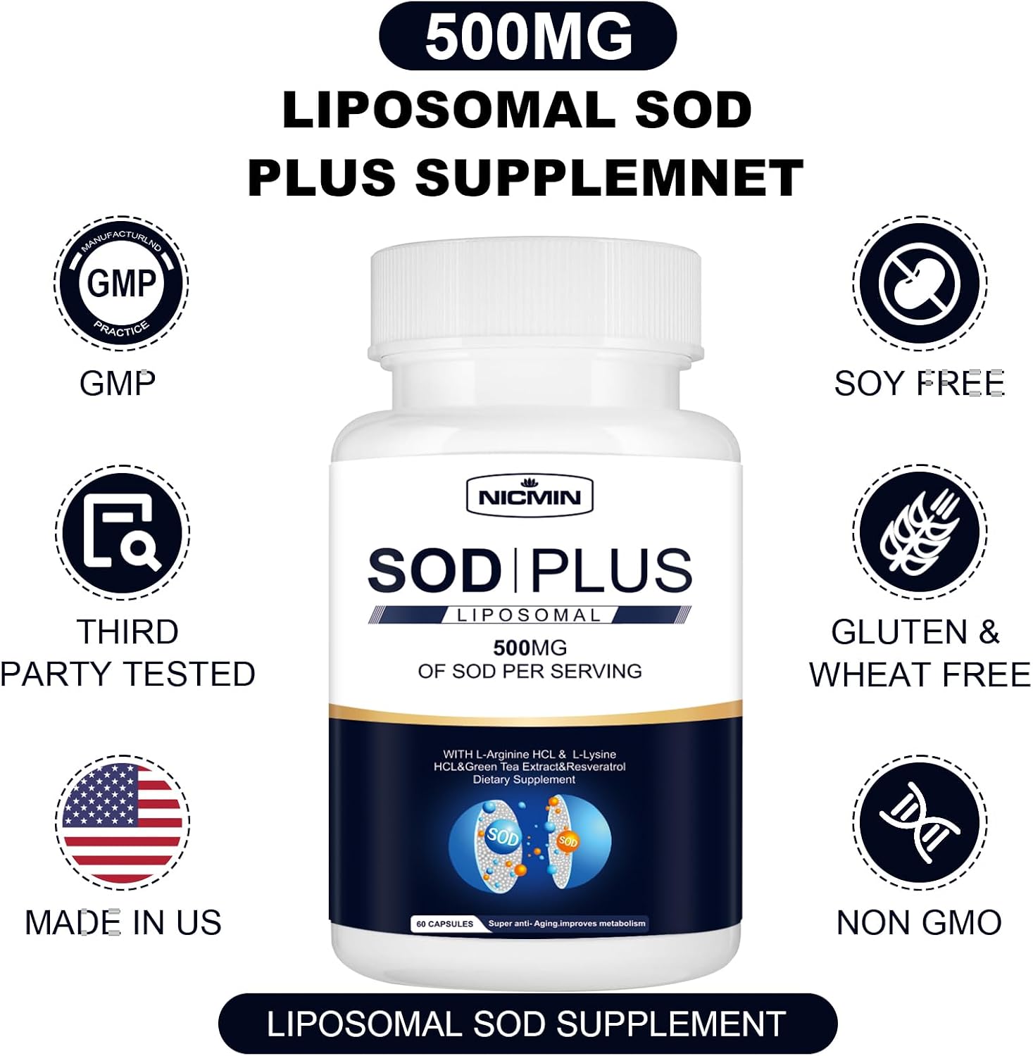 Superoxide Dismutase Supplement 500mg - SOD Plus with liposomal glutathione, AKG, Green Tea Extract, L-Arginine, Lysine, Resveratrol and Vitamin E for Immune Support, Antioxidant 60 Capsules