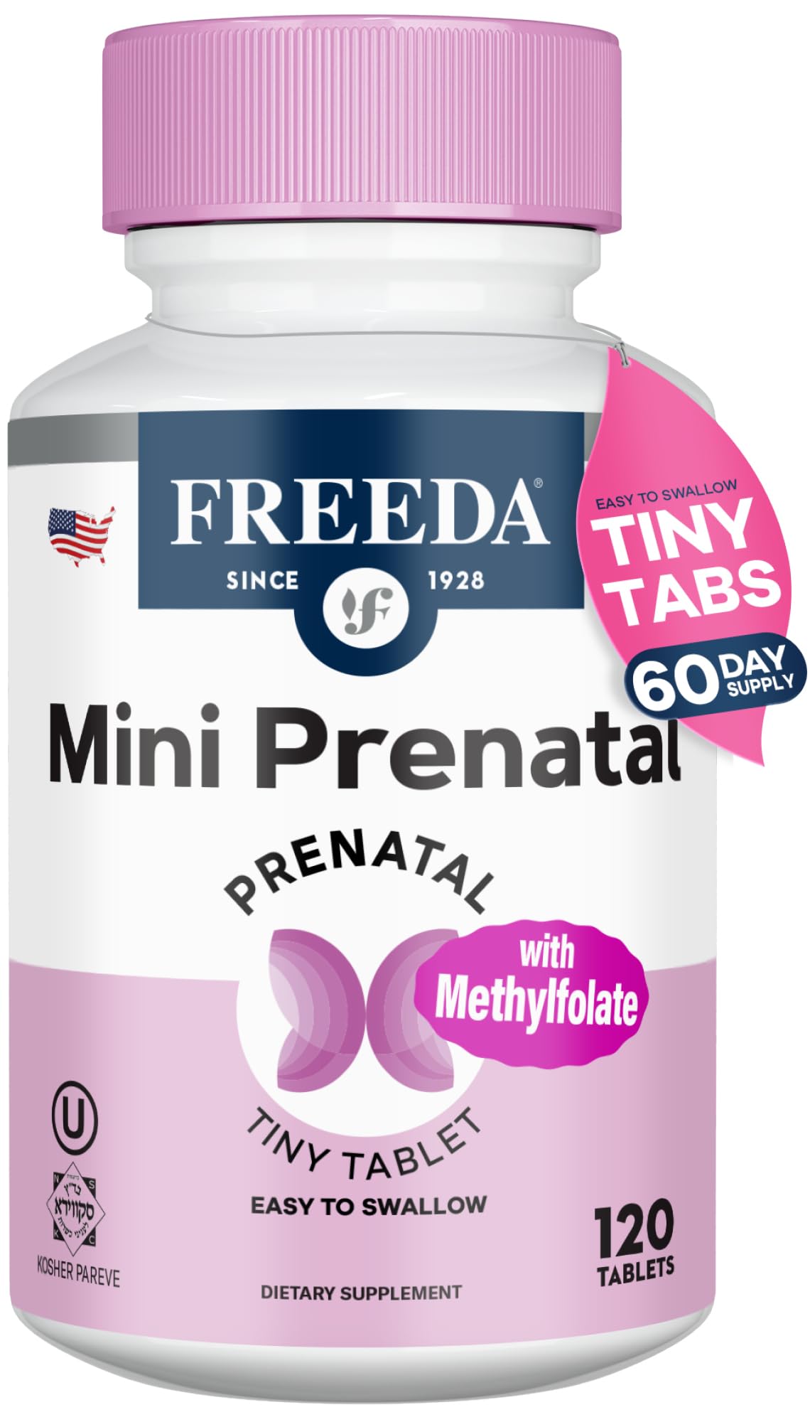 FREEDA Mini Prenatal Vitamins for Pregnant Women – 240 Tiny Tablets | Supports Mother & Baby Nutrition – Includes Methylfolate, Calcium, & Essential Nutrients – Vegan, Kosher, Easy-to-Swallow