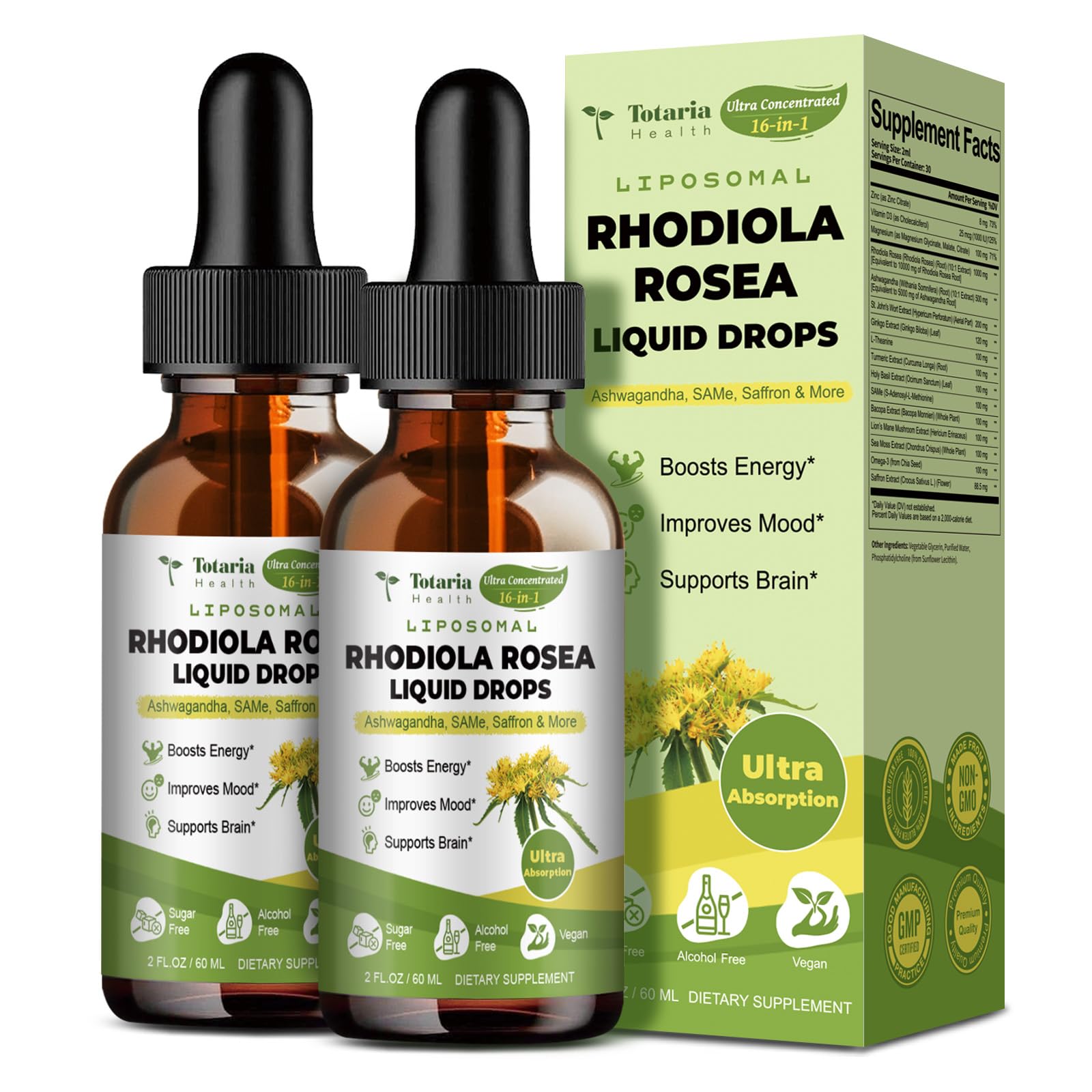 Totaria 16-in-1 Liposomal Rhodiola Rosea Supplement Tincture 1000mg, Ultra Strength Rhodiola 10:1 Root Extract w/Ashwagandha, Rhodiola Liquid Drops for Natural Relaxation, Mood, Energy, Alcohol-Free