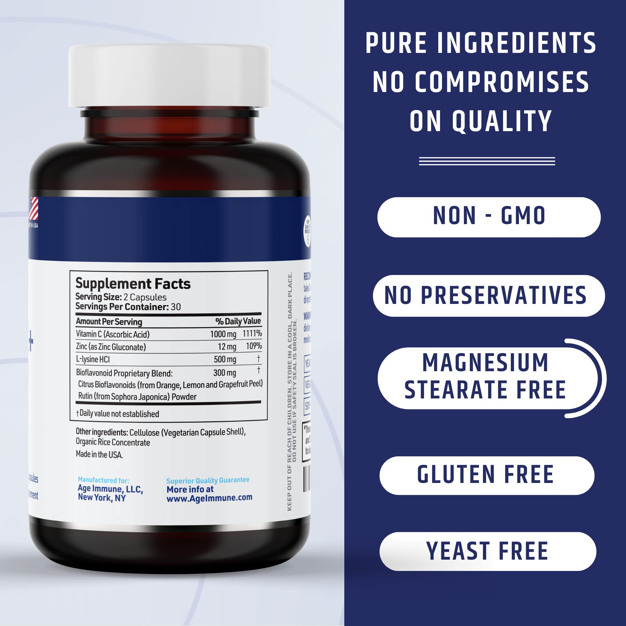 AgeImmune Vitamin C 1000mg Complex with L-Lysine 500mg, Zinc 12mg, Bioflavonoids 300mg. Doctor Formulated Magnesium Stearate Free Supplements for Healthy Immune System Support.(1) AgeImmune buy supplements Au