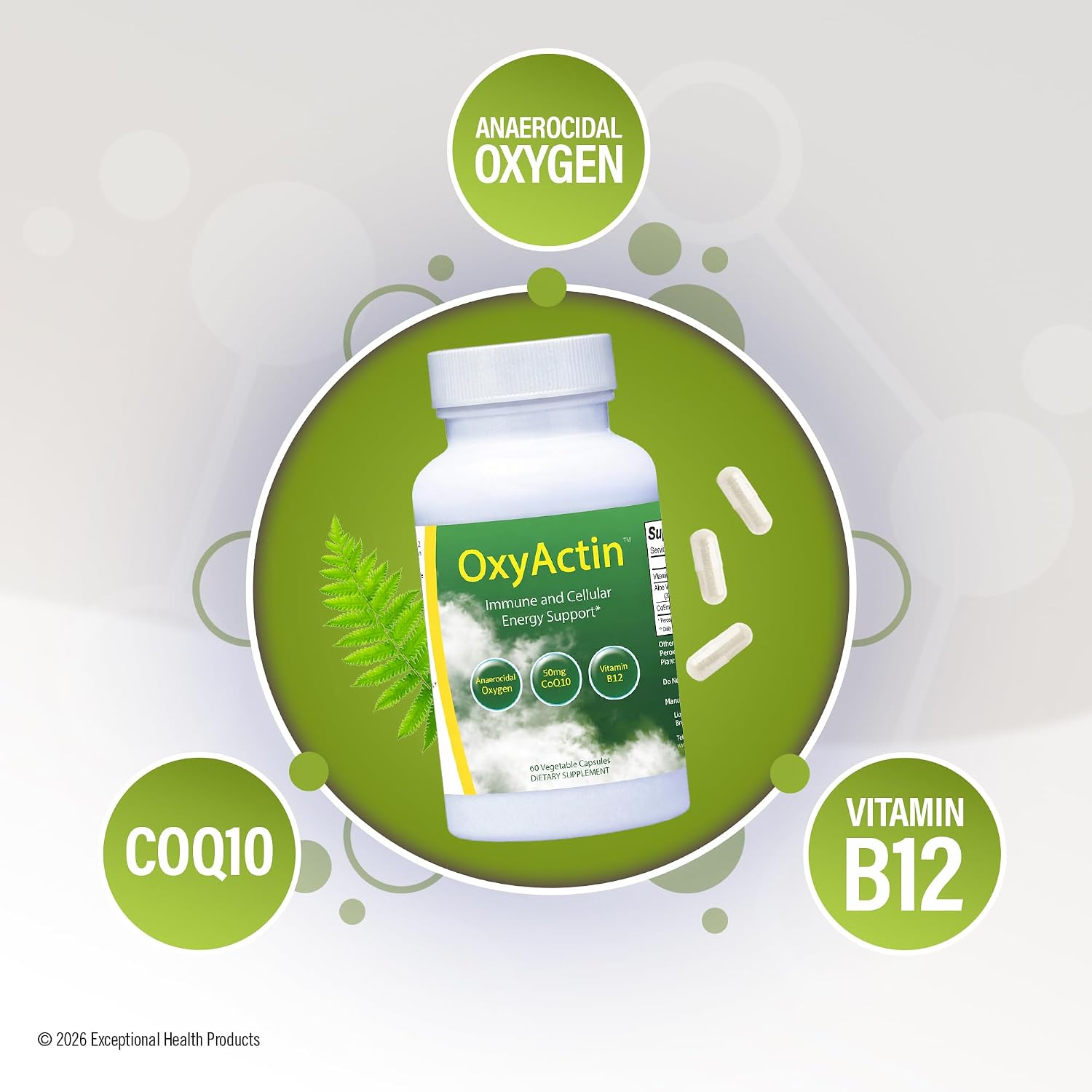 OxyActin Oxygen Supplement, 60 Vegetable Capsules | Immune Health & Cellular Energy, High Altitude & Endurance Support with 50mgs of CoQ10, Vitamin B12, & Aloe Vera Juice Powder