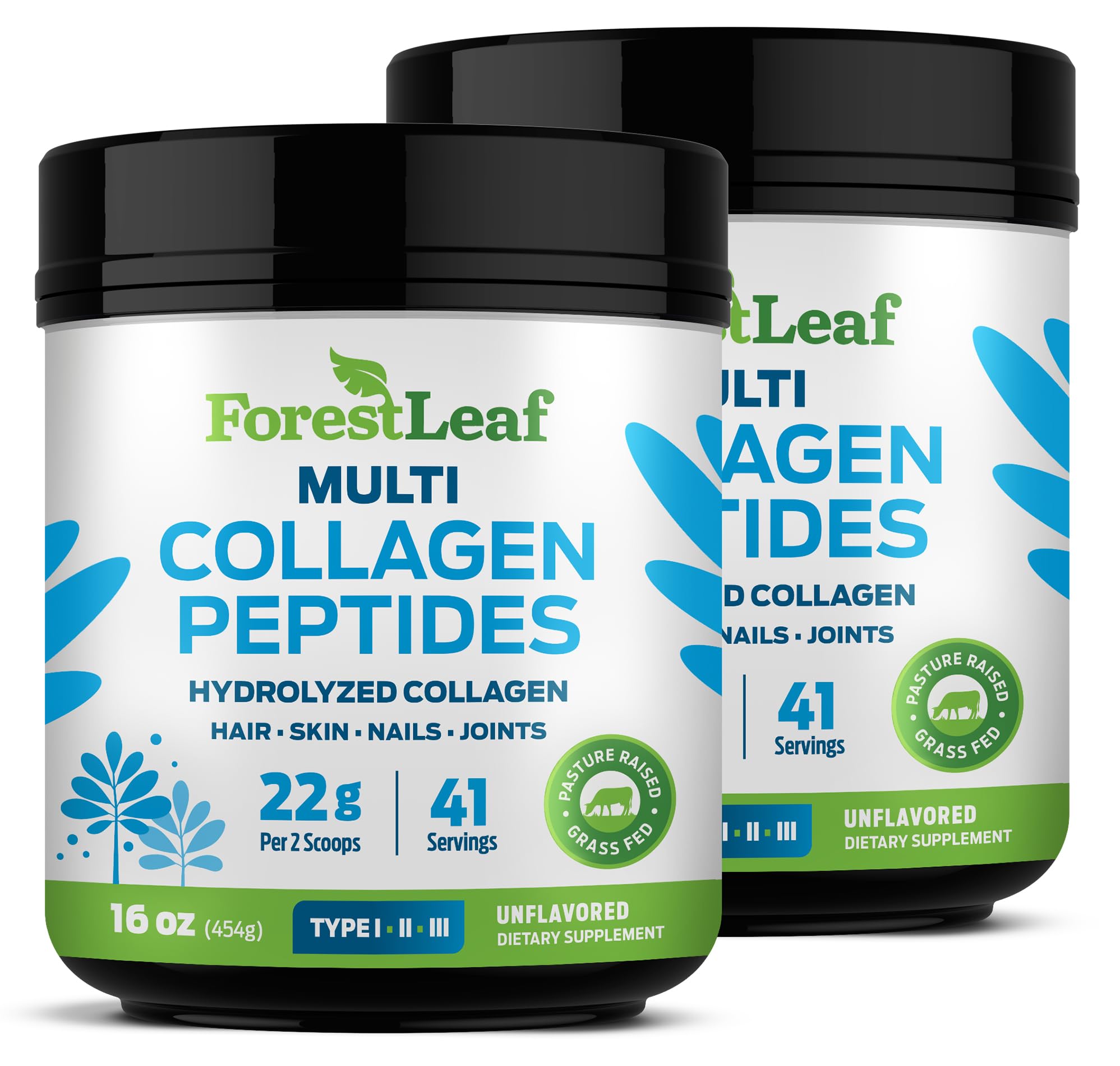ForestLeaf Collagen Peptides Powder Unflavored - Hydrolyzed Grass Fed Keto Collagen Protein Powder Type 1, 2 & 3 - Vital Hair, Skin, Nails, Joints, Recovery, 11g Per Serving