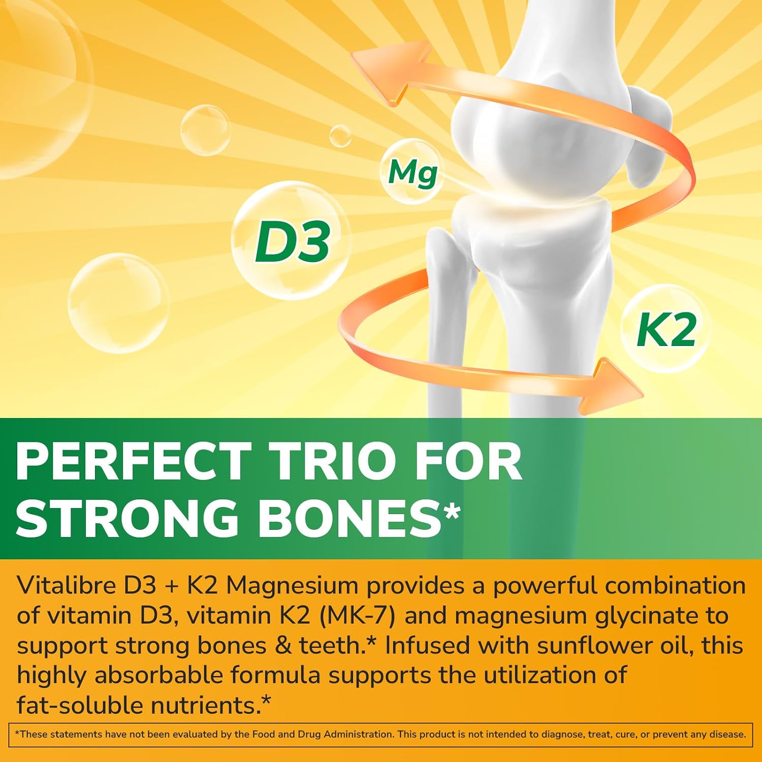 Vitalibre Vitamin D3 K2 10000 IU + Magnesium Glycinate, 60 Mini Softgels | High Absorption D3 K2 Vitamin 10000 IU for Bone, Teeth, Immune & Energy Support, Non-GMO, Easy to Swallow