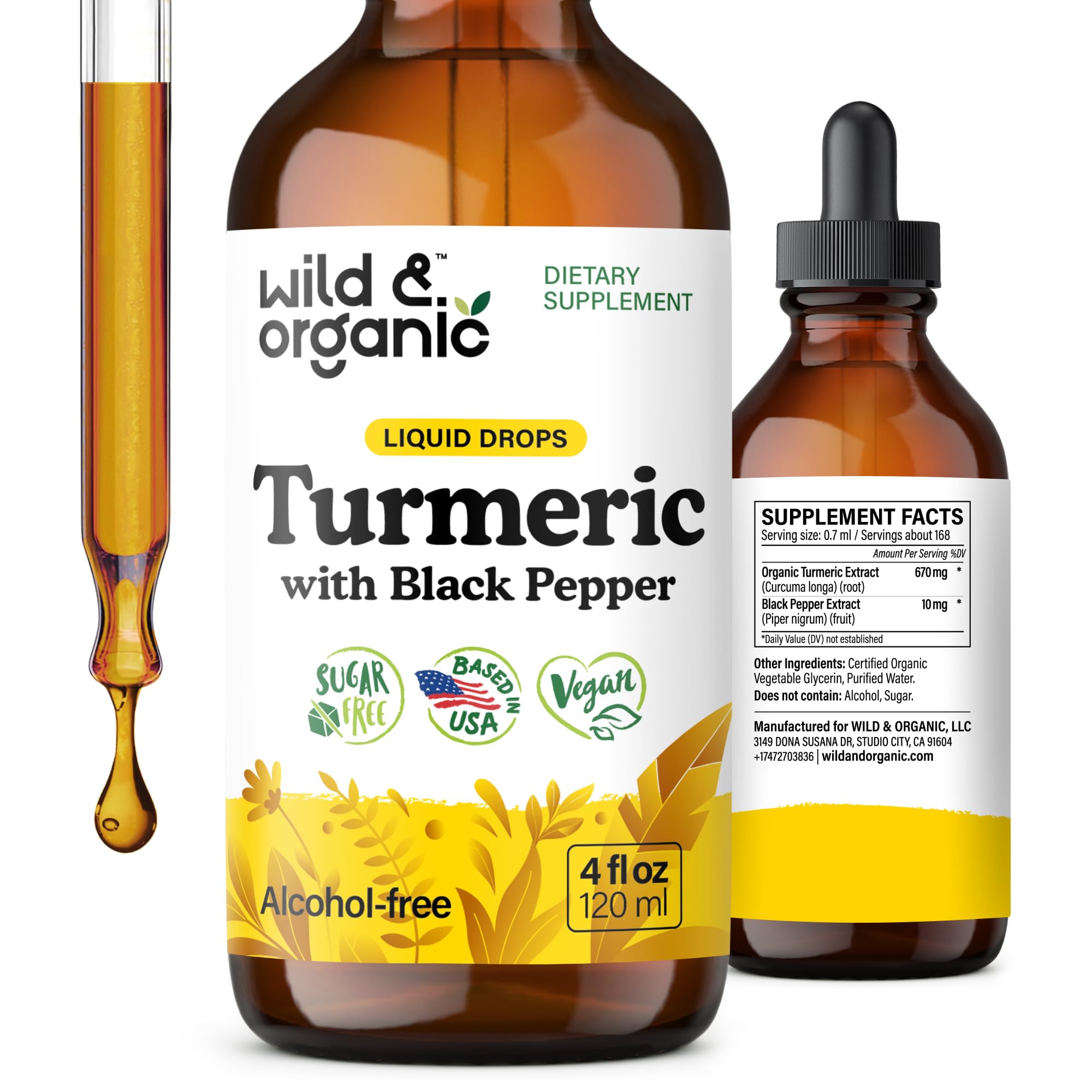 Wild & Organic Turmeric Supplement Liquid Drops - Movement & Immune Support - Liquid Turmeric with Black Pepper Extract - Add to Tea Tincture - Curcumin Supplements - Sugar & Alcohol-Free - 4 fl oz