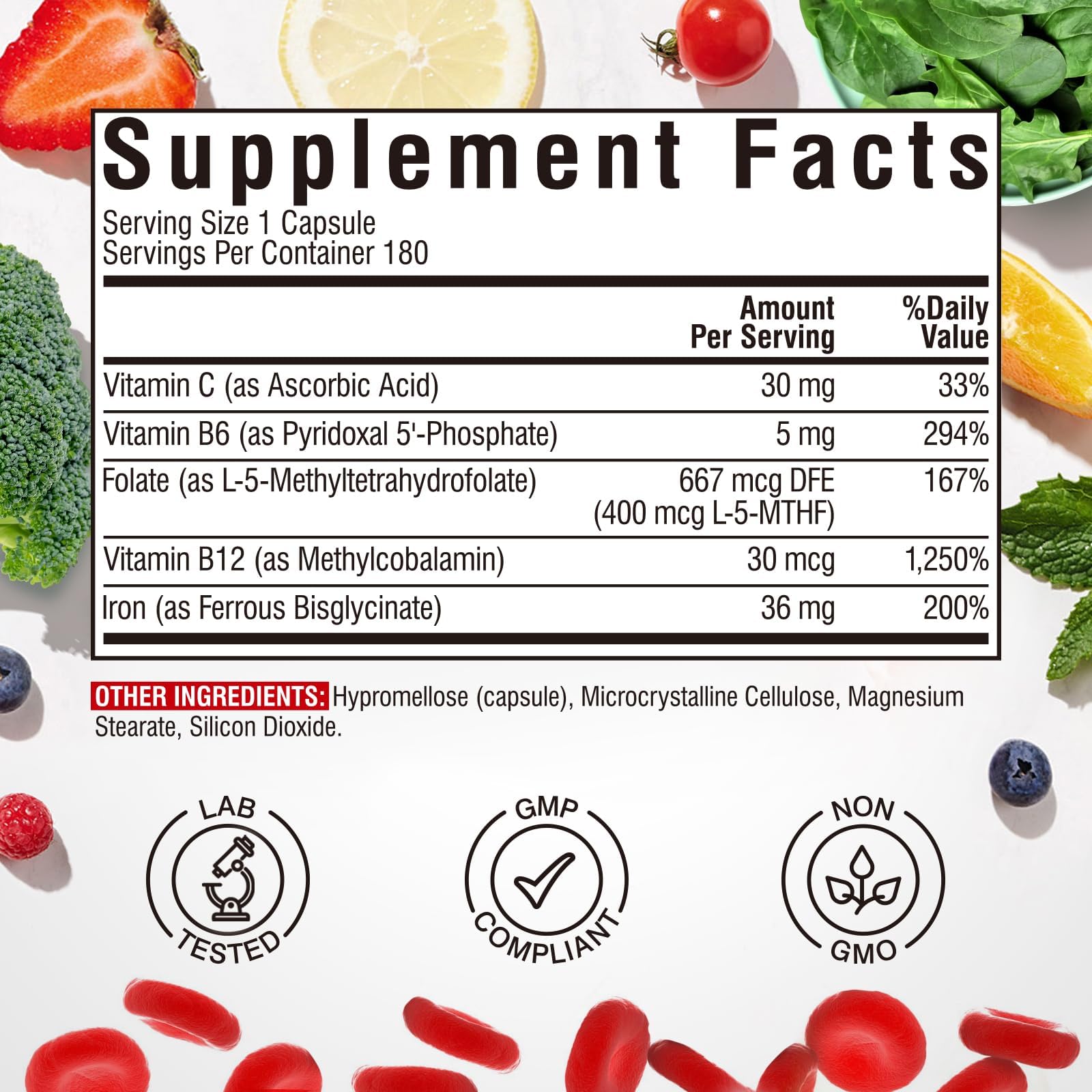 Iron Supplement for Women & Men, with Vitamins C, B6, B12 & Folate | for Iron Deficiency, Blood Building & Energy Support, Stomach Friendly, Better Absorption, Non-GMO, No Gluten, 60 Vegan Caps