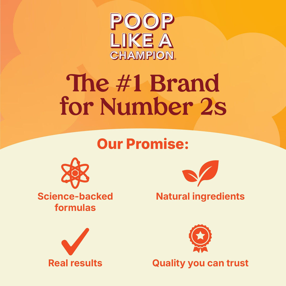 Supplement bottle labeled 'Poop Like a Champion' on an orange background