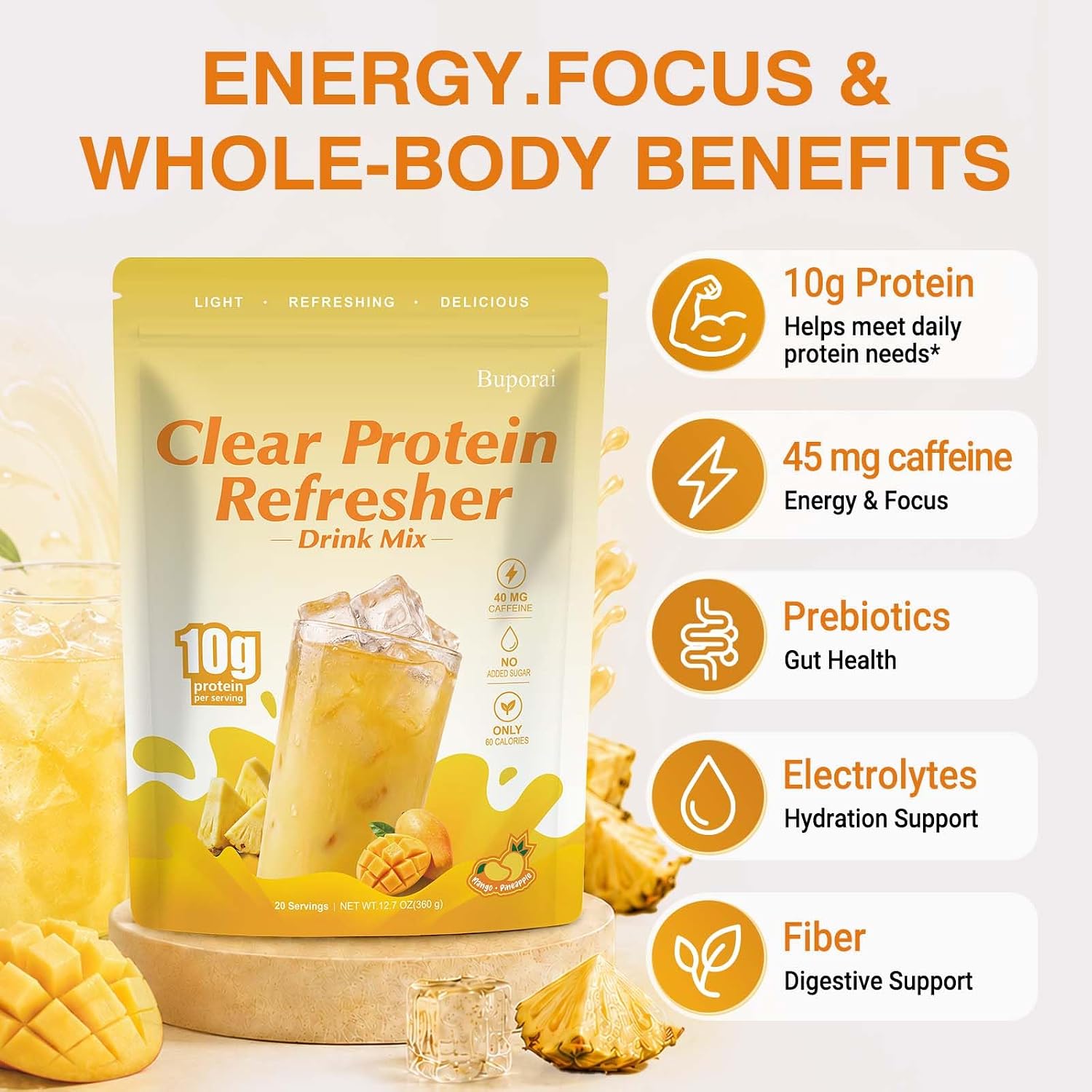 Clear Protein Refreshers Drink with Electrolytes Powder (Pineapple Mango) | Collagen Peptides, 0g of Sugar,40mg Caffeine