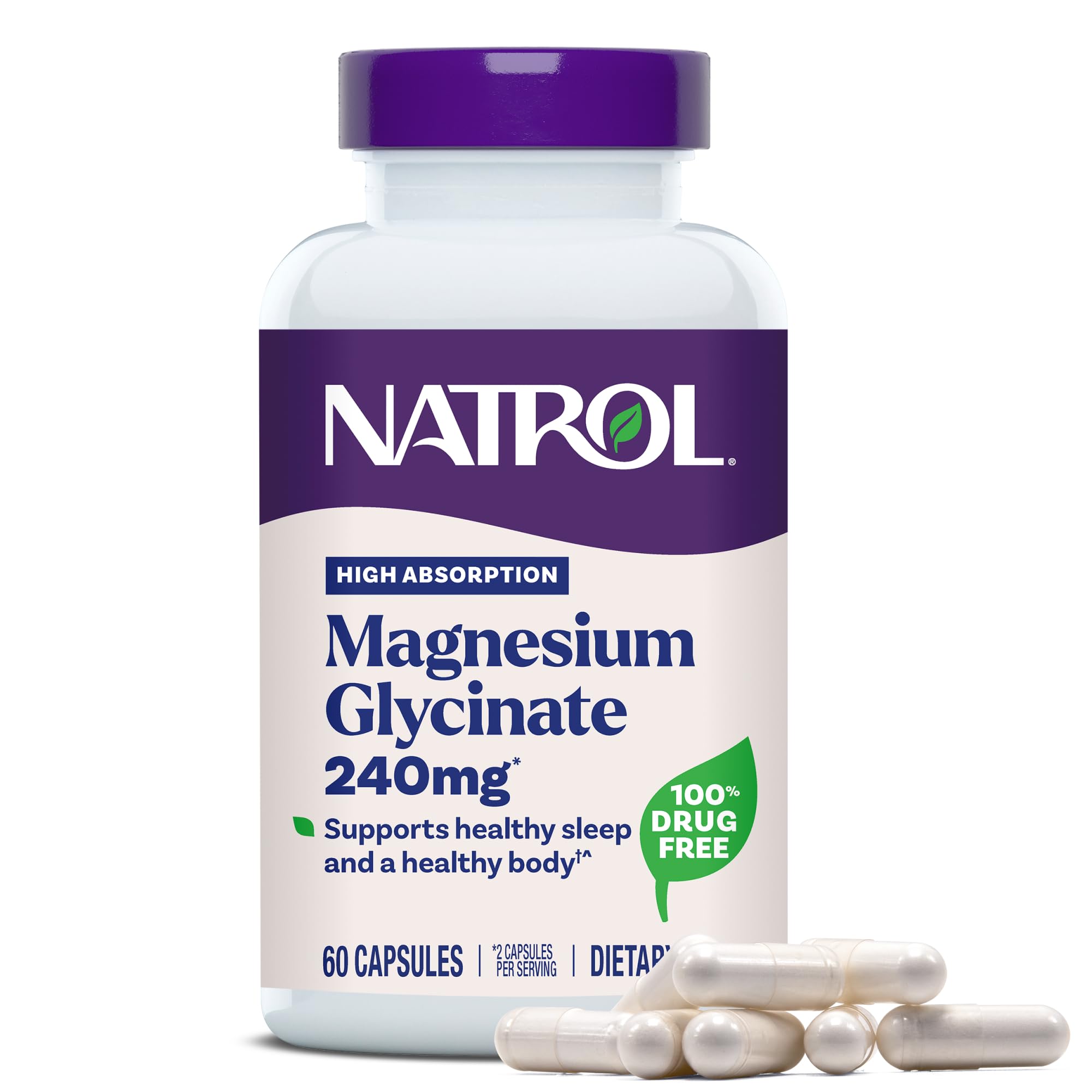 Natrol Magnesium Glycinate Supplements 240 mg - High Absorption - Calm Magnesium Glycinate for Sleep - 60 Capsules, 30 Day Supply NatrolBuy Supplements Australia