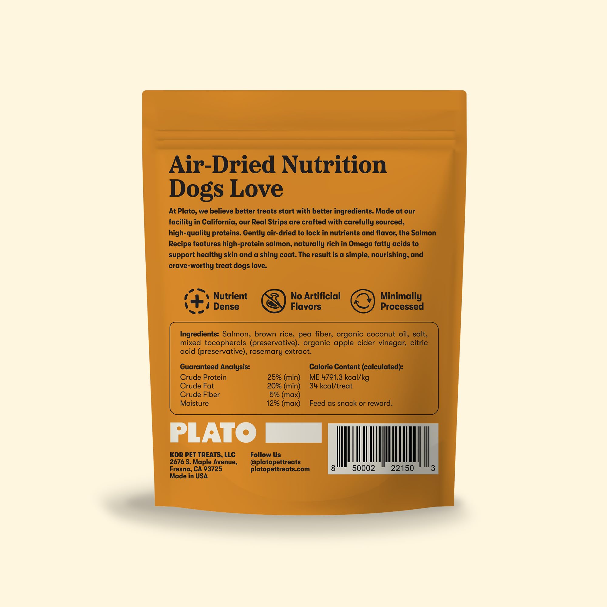 Plato Real Strips Salmon Recipe Dog Treats, Air-Dried High-Protein Soft Strips, Omega-Rich Skin & Coat Support, 18 oz