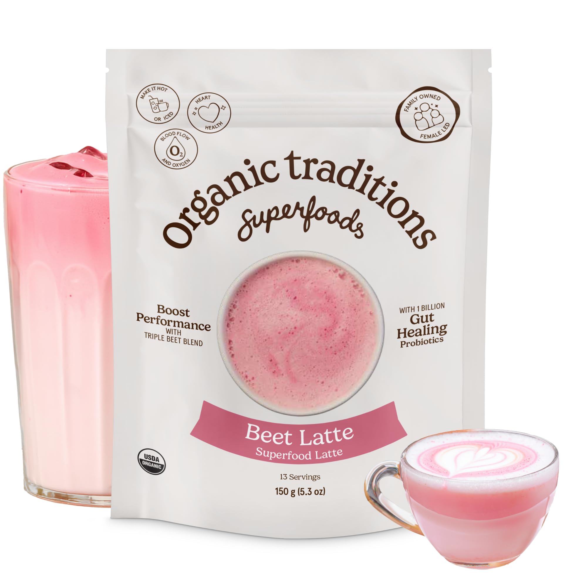 Organic Traditions Lavender Latte Calming Drink Mix, Caffeine Free Latte Blend with Lavender Powder, Tart Cherry, Probiotics, Reishi, and Ashwandha, Evening Beverage for Gentle Wind Down, 150g / 5.3oz