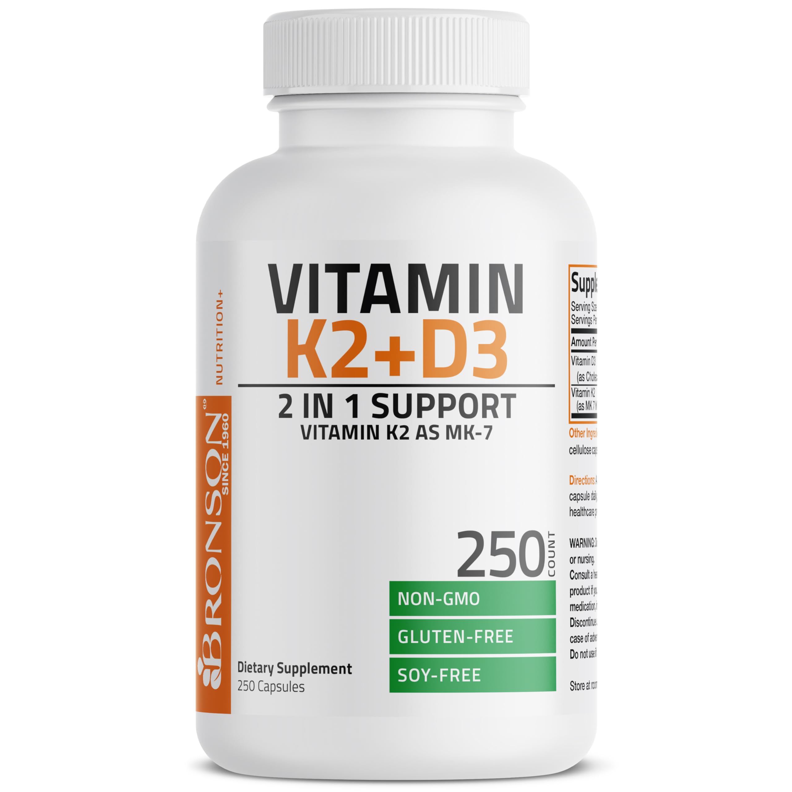 Bronson Vitamin K2 D3 (MK7) Supplement 2-in1 D3 & K2 Complex, 60 Capsules | Bone, Immune & Heart Health Support, Gluten Free, Soy Free, Non-GMO, Vitamin D3 5000IU (125 mcg) & 90 mcg K2 MK-7