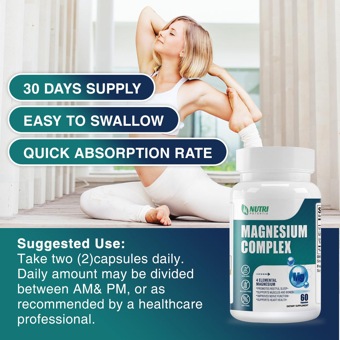 Supplement bottle labeled 'Magnesium Complex' by Nutri Potentia on a white background