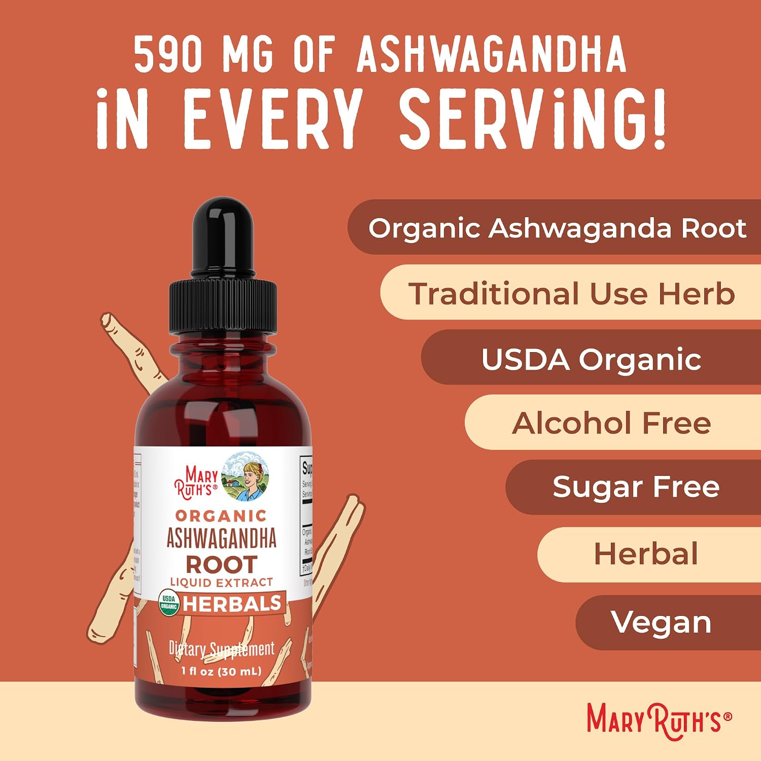 MARYRUTH'S Ashwagandha Root Liquid Drops | Mood & Stress Support Supplement | Calm & Relaxation | 590mg Ashwagandha | Adaptogen & Nervine | Vegan | USDA Organic | CLP Certified | Non-GMO | 1 oz