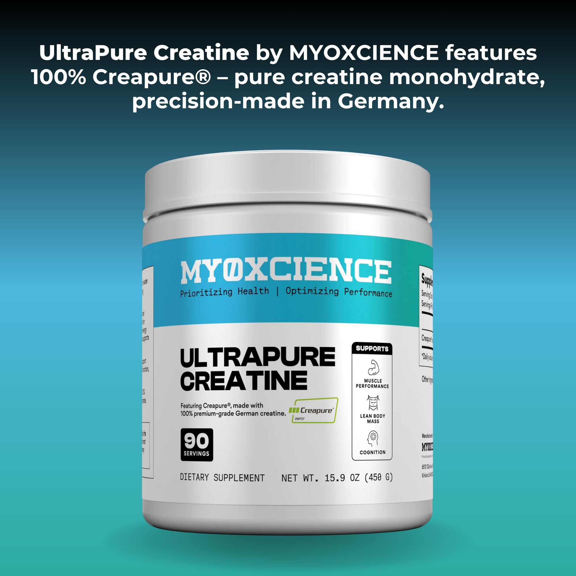 MYOXCIENCE Creapure® Creatine Monohydrate | Supports Strength & Muscle Mass, Cognition and Lean Body Mass | Unflavored (60 Serving Jar)