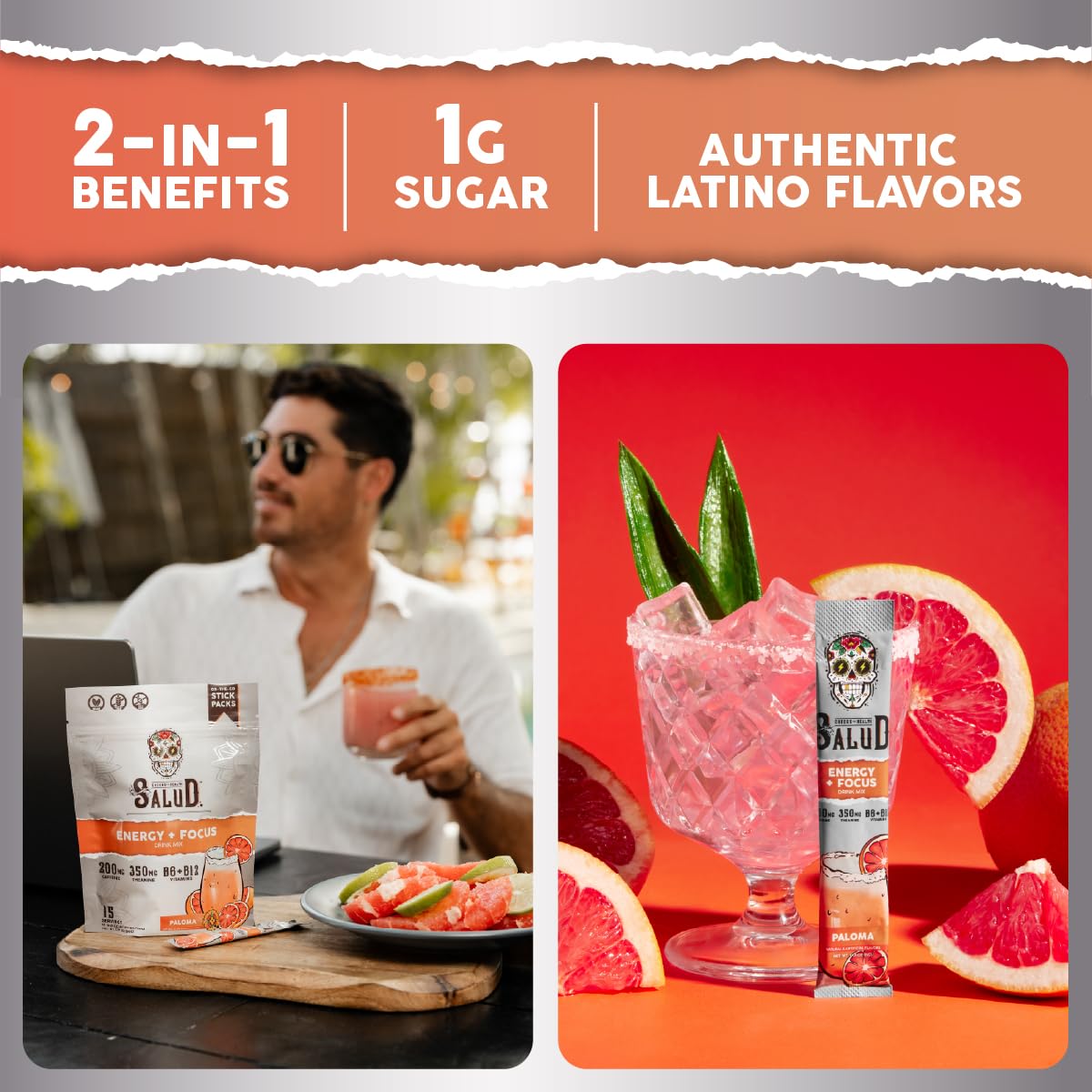 Salud 2-in-1 Energy + Focus Drink Mix, Hibiscus | Organic Caffeine, B6 + B12, Theanine, Clean Energy Packets, Agua Fresca Mix, Non-GMO, Gluten Free, 1g of Sugar (15 Servings)