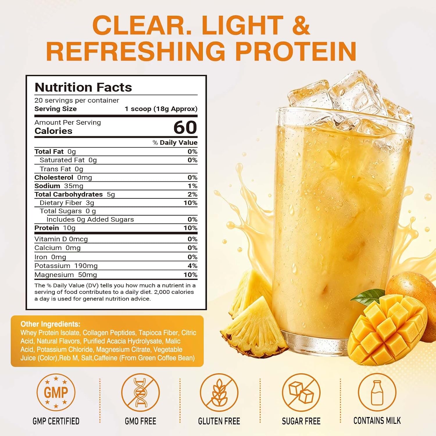 Clear Protein Refreshers Drink with Electrolytes Powder (Pineapple Mango) | Collagen Peptides, 0g of Sugar,40mg Caffeine