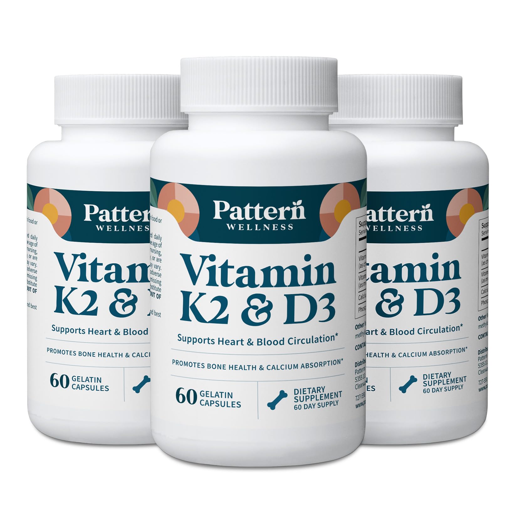 Pattern Wellness Vitamin K2 & D3 Supplement with Calcium – Bone Health, Circulatory Wellness & Immune Support - Non-GMO - 60 Capsules
