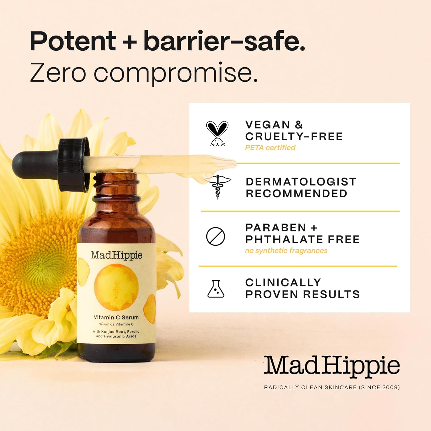 Mad Hippie Vitamin C Serum for Face – C + E + Ferulic Acid, Hyaluronic Acid, Stable Low-Irritation Formula, Brightening, 1.02 fl oz