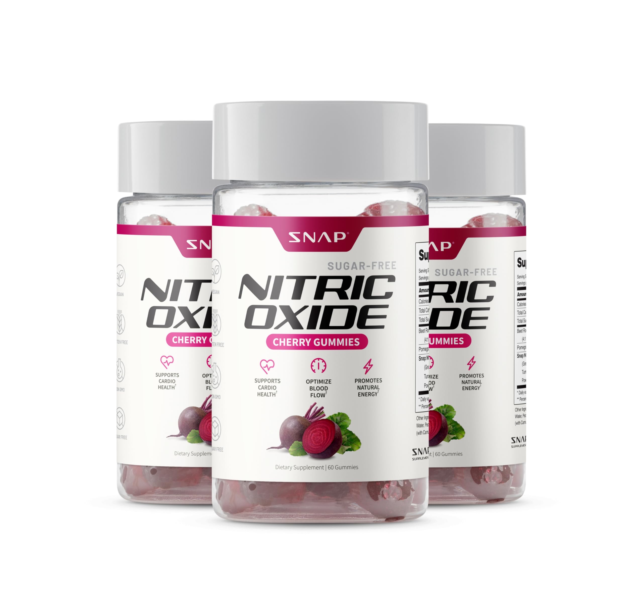 Snap Supplements Nitric Oxide Beet Root Gummies, Cherry, 60 Count (2-Pack) | Sugar Free, For Men & Women, Heart Health & Circulation, Organic Beetroot Extract, Natural Energy, B12, Beets Gummies