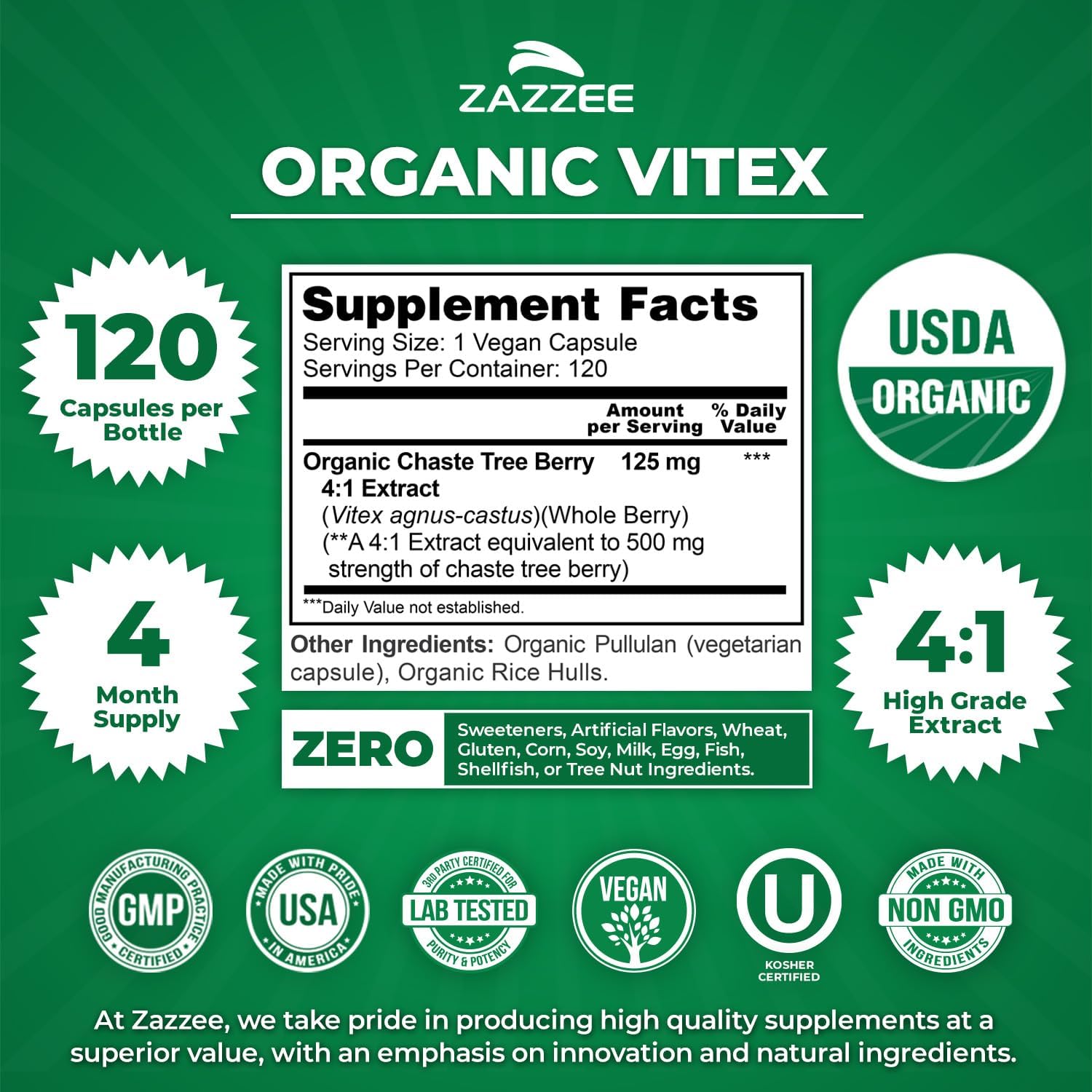 Zazzee USDA Organic Vitex 4:1 Extract, 120 Vegan Capsules, 4 Month Supply, Chaste Berry, Hormonal Balance & Cycle Support for Women, Certified Kosher, Vitex Agnus-Castus, Non-GMO, Made in the USA