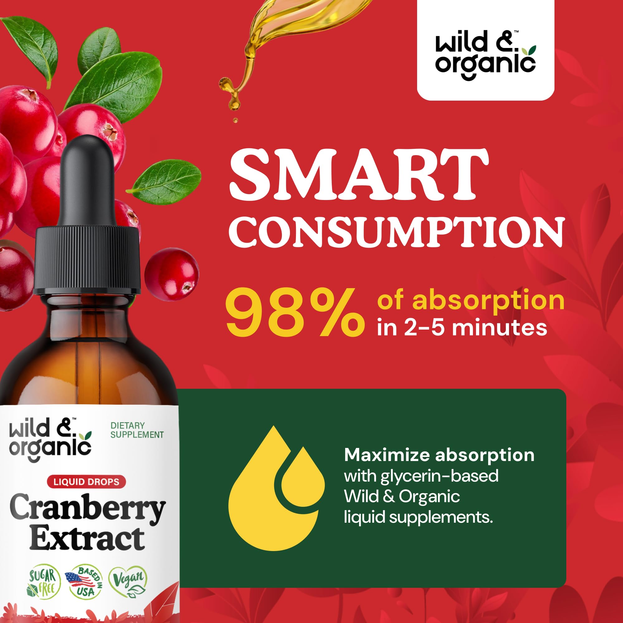 Wild & Organic Cranberry Concentrate Liquid Drops - Urinary Tract Support with Cranberry Supplement for Women & Men - 500 mg Extract per Serving - Vegan, Sugar & Alcohol-Free - 4 fl oz