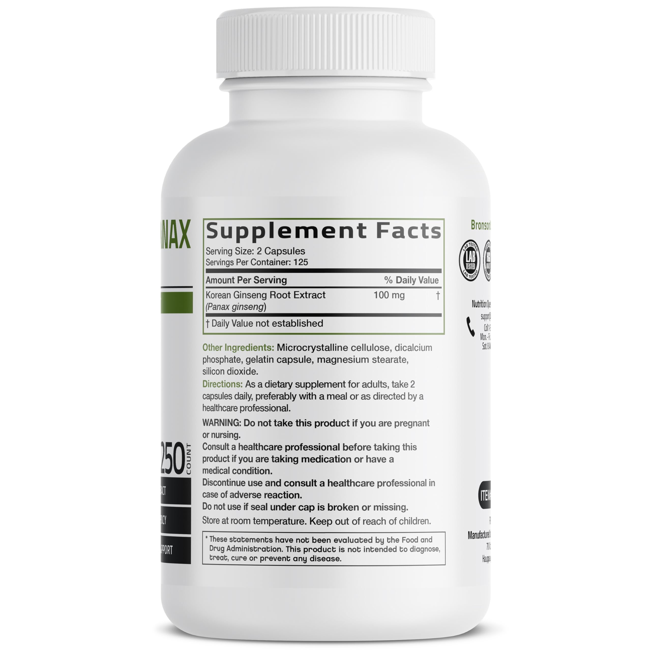 Bronson Korean Panax Ginseng Supports Energy, Endurance & Vitality + Memory and Mental Performance, 120 Capsules
