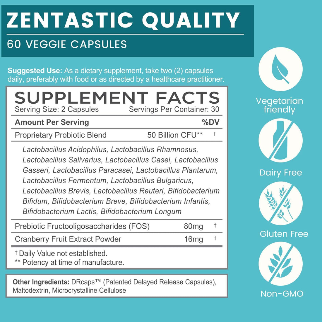 Zentastic Probiotics & Prebiotics Supplement - 50 Billion CFU - for Men & Women’s Immune & Digestive Health - 16 Strains - Shelf Stable