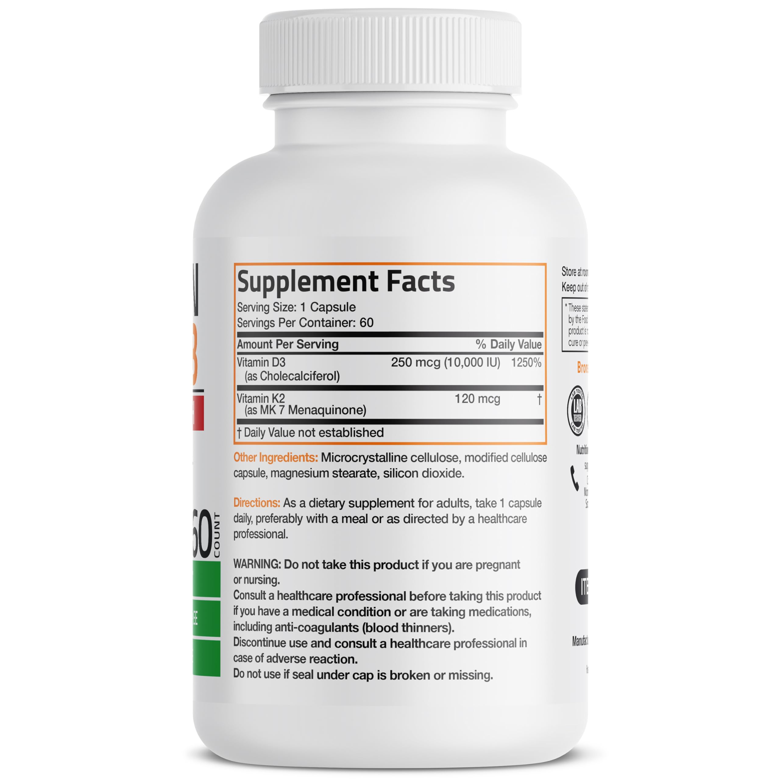 Bronson Vitamin K2 (MK7) with D3 Extra Strength Supplement Bone and Heart Health Non-GMO Formula 10,000 IU Vitamin D3 & 120 mcg Vitamin K2 MK-7 Easy to Swallow Vitamin D & K, 120 Capsules