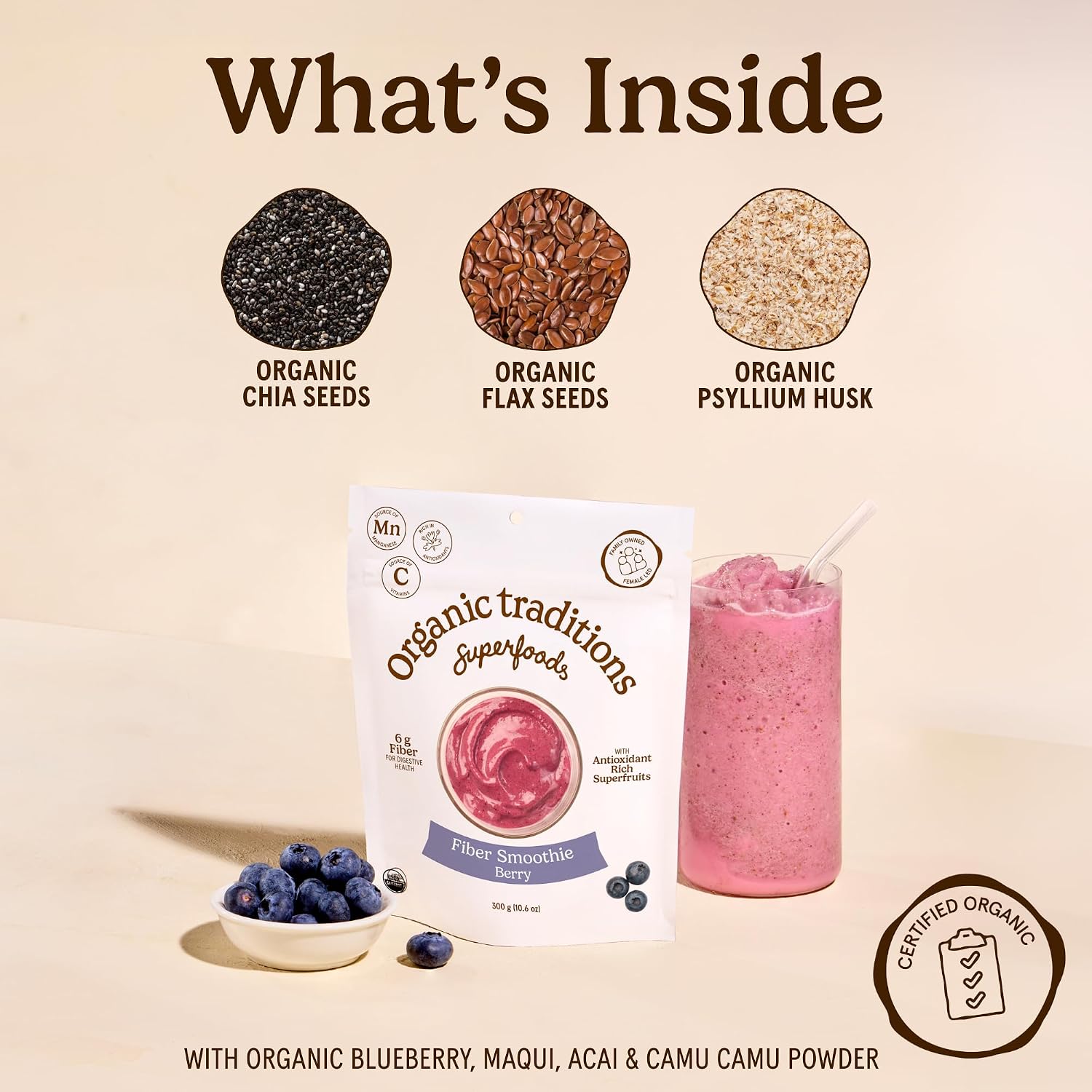 Organic Traditions Fiber Smoothie Berry, Prebiotic Fiber Powder with Chia, Flax, Acacia, Psyllium, Superfruits and Superfood Blend, Supports Digestive Health and Daily Wellness, 300g /10.6oz