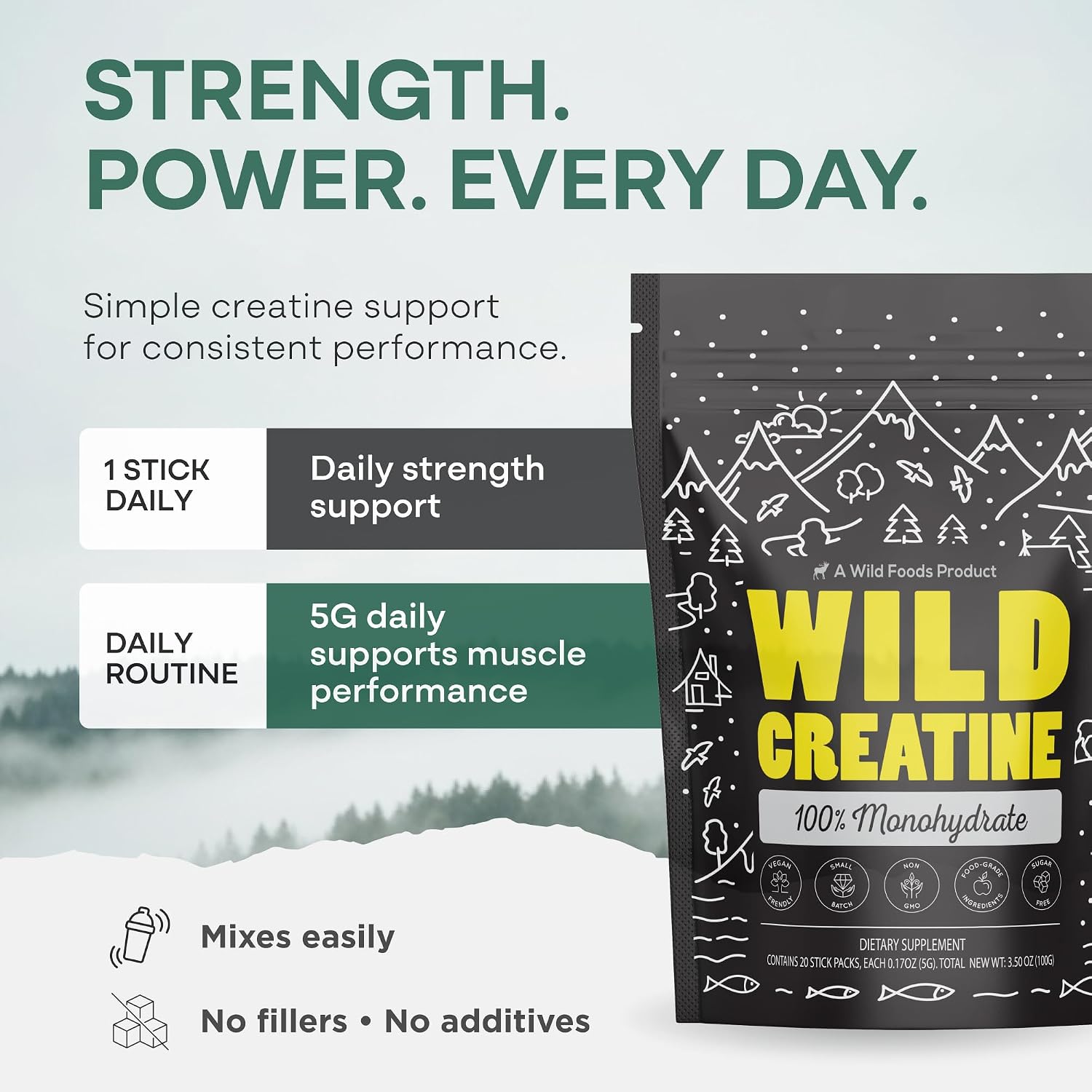 Wild Foods 100% Creatine Monohydrate Powder Packets - 20 Packets - for Brain & Performance – Pure Creatine Travel Packs for Men & Women, USA Made– 5g Creatina Per Serving