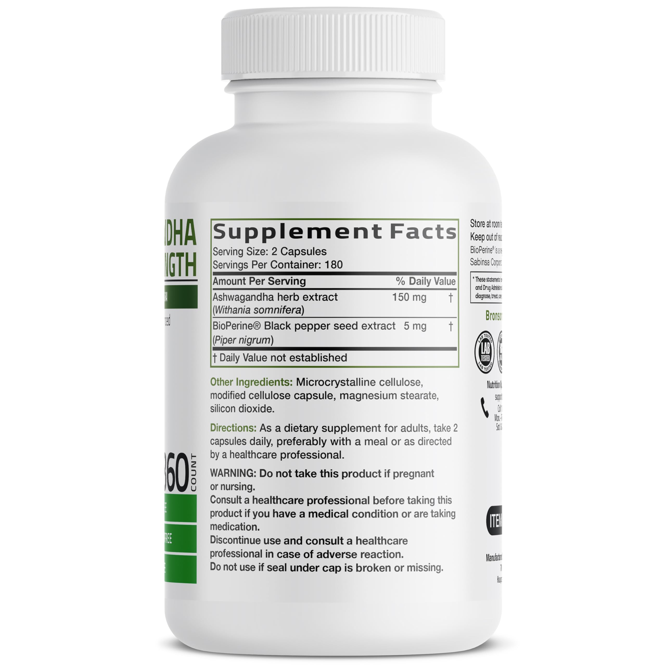 Bronson Ashwagandha Extra Strength Stress & Mood Support with BioPerine - Non GMO Formula, 120 Vegetarian Capsules