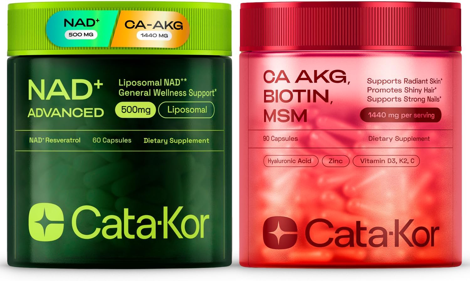 Cata-Kor NAD+ Supplement & Ca-AKG Complex - Liposomal NAD+ Supplement with Resveratrol (60 Capsules) & Ca-AKG, MSM, Hyaluronic Acid & Biotin Beauty Complex (90 Capsules)