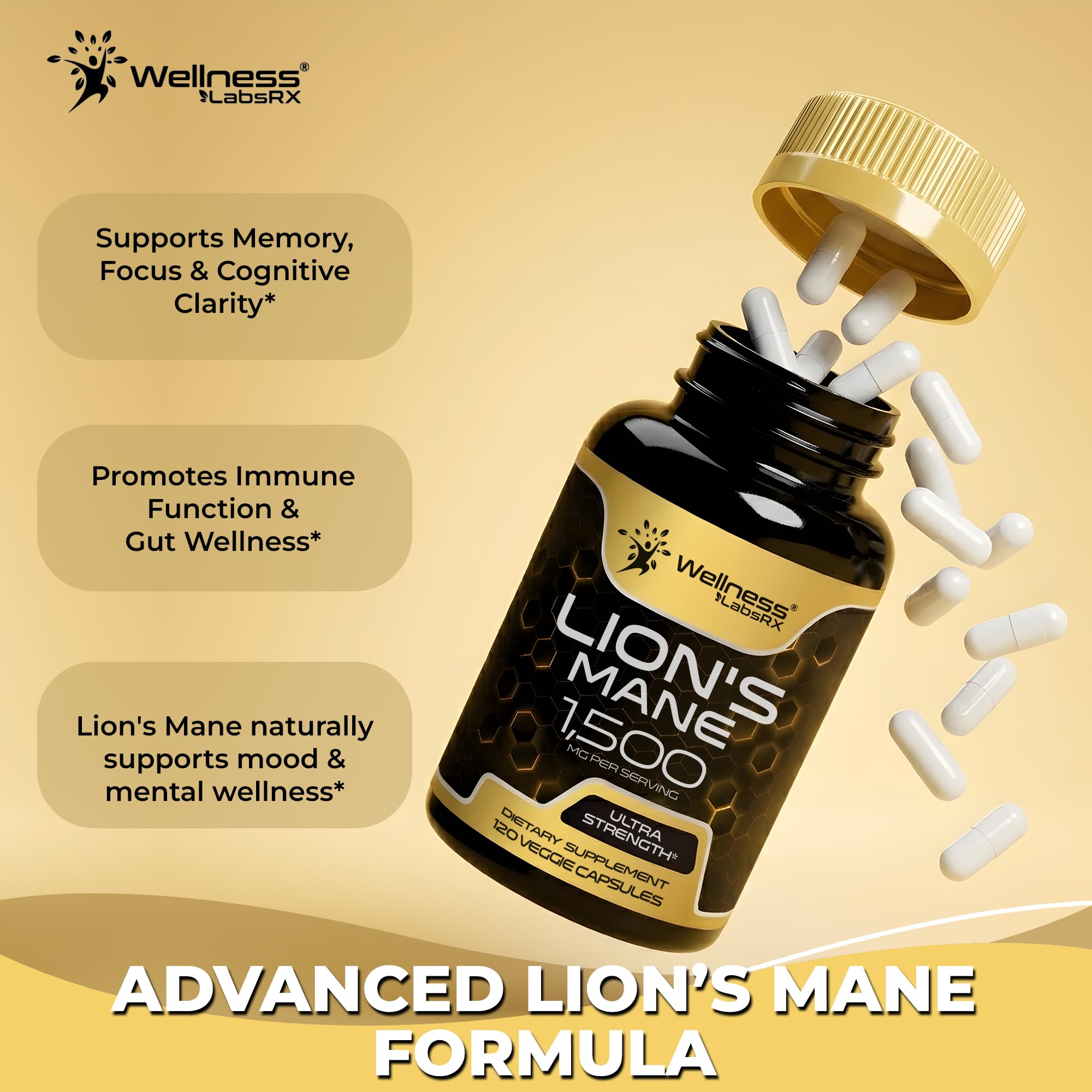 Lions Mane Supplement Capsules - 120 Count - Mushroom Supplement, Brain Supplements for Memory and Focus, Lion's Mane Mushroom Capsules Organic - Cognitive and Immune Support, Focus Supplement